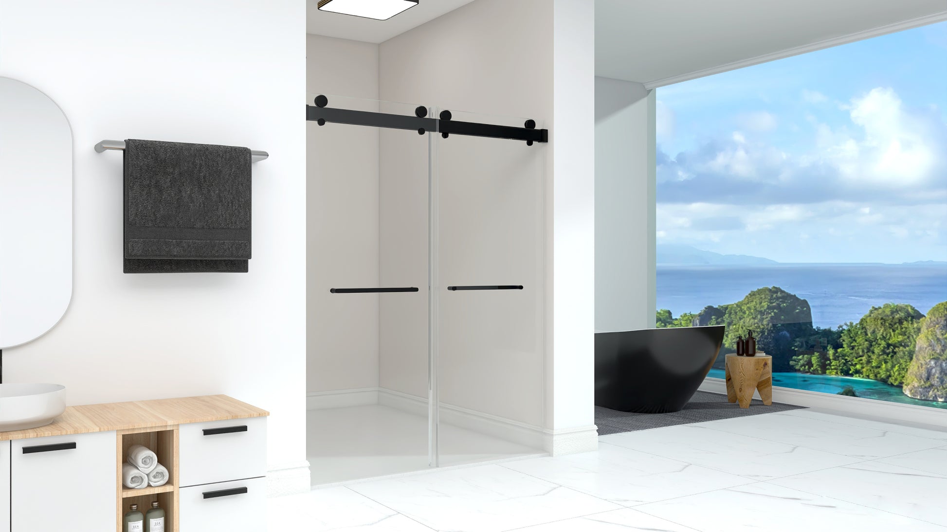 Frameless Double Sliding Shower, 57" 60" Width, 79" matte black-bathroom-modern-glass