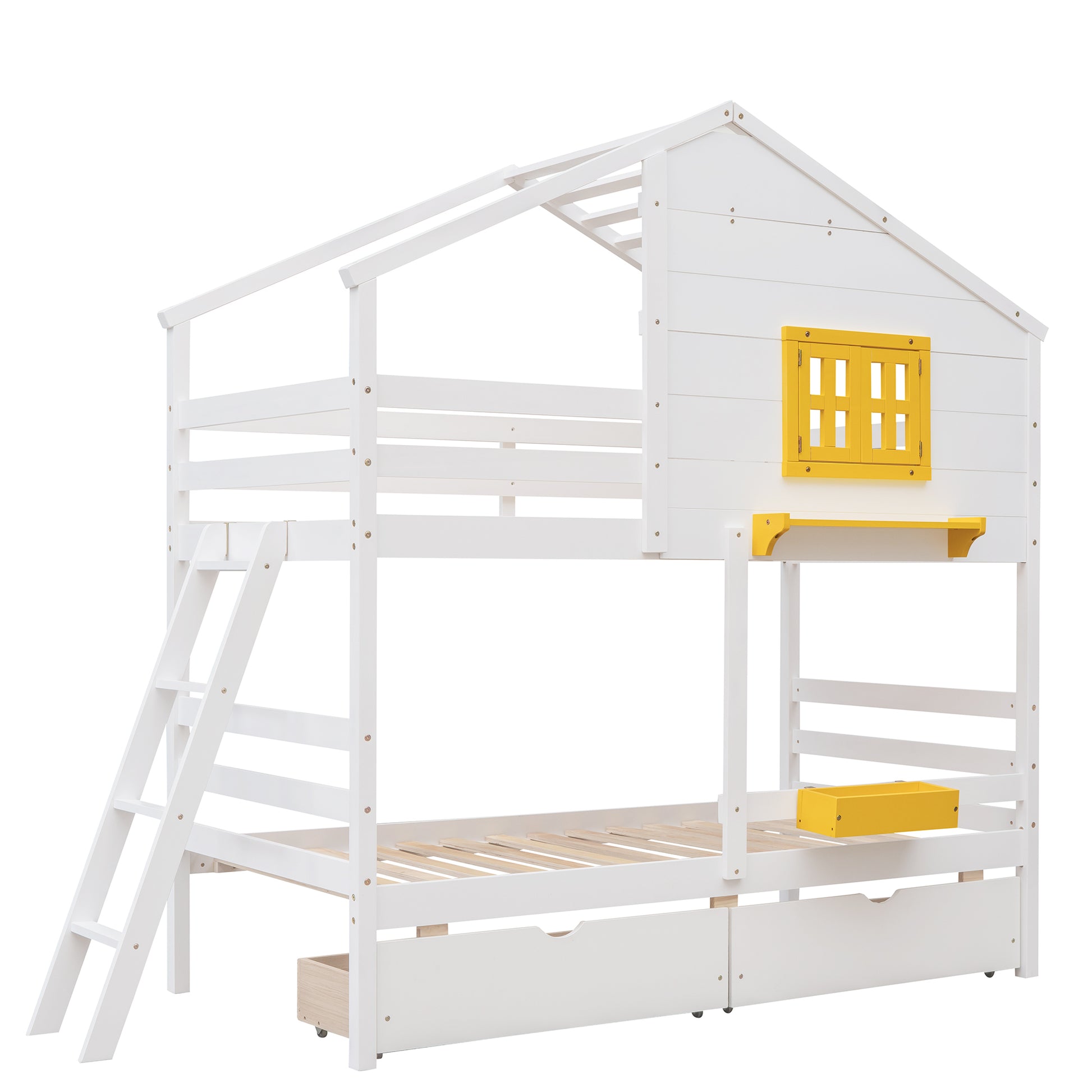 Twin Over Twin Bunk Bed With 2 Drawers, 1 Storage Box, 1 Shelf, Window And Roof White Old Sku:Lt000608Aak White Solid Wood