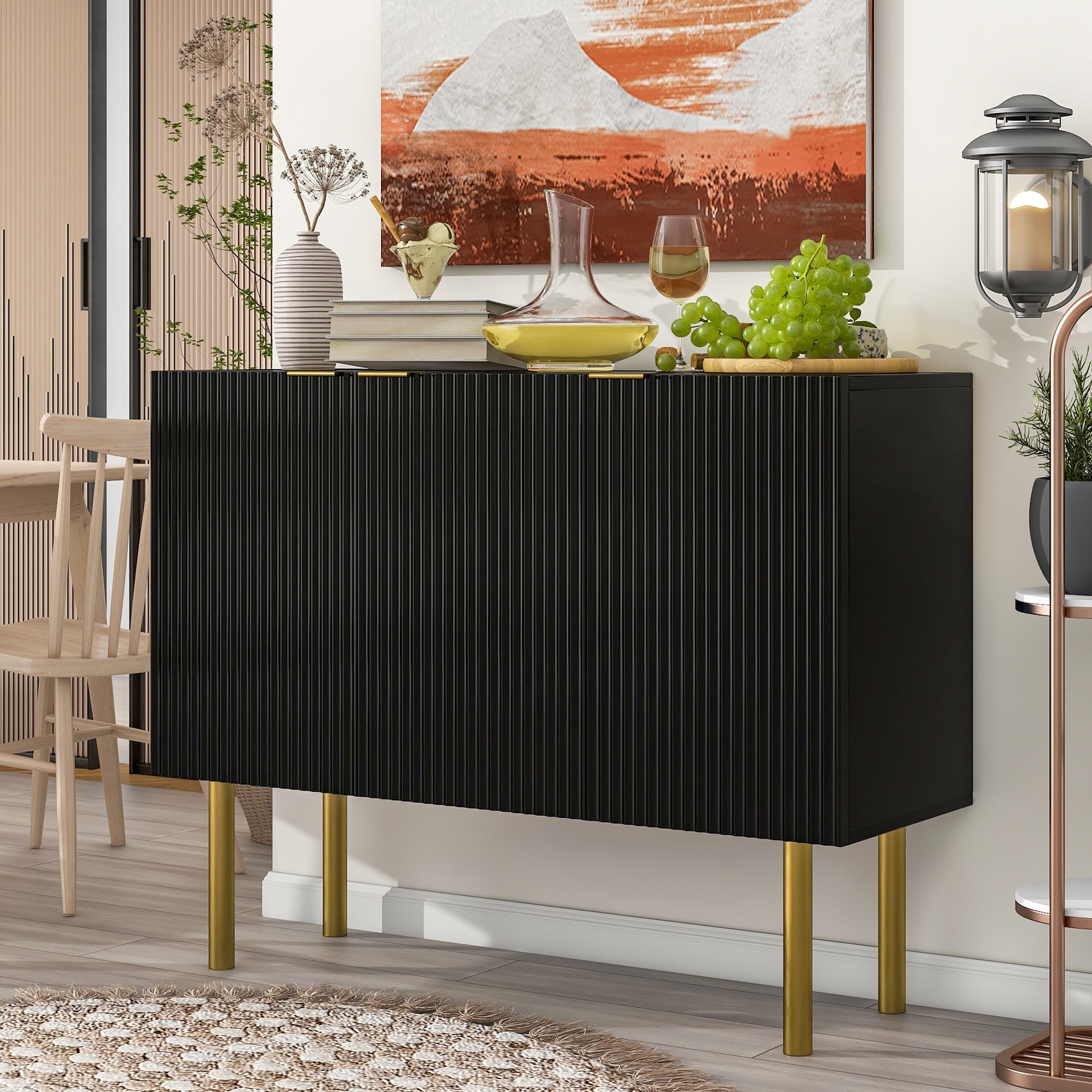 Modern Simple & Luxury Style Sideboard Particle Board & Mdf Board Cabinet With Gold Metal Legs & Handles, Adjustable Shelves For Living Room, Dining Room Black Black Particle Board