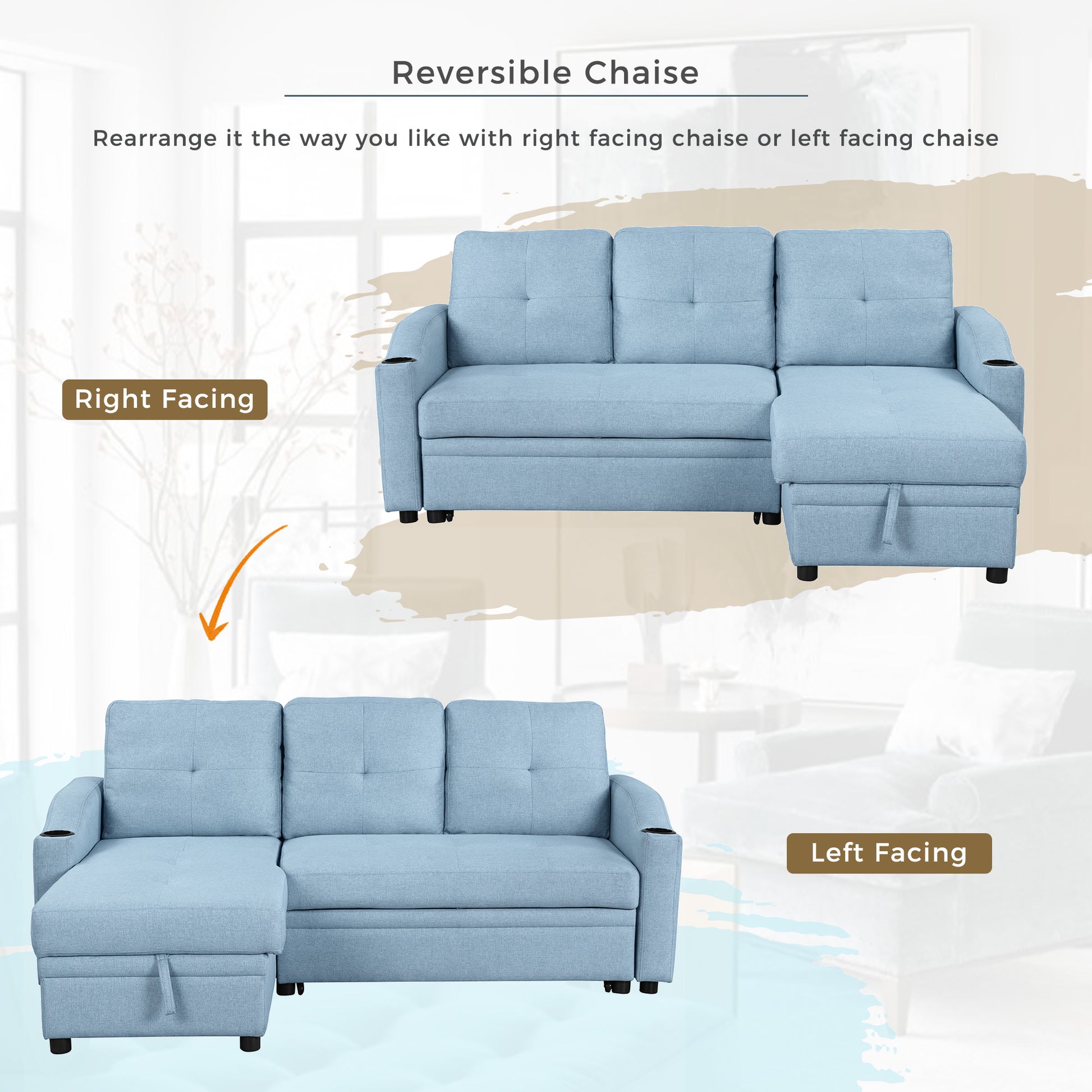 80.3" Orisfur. Pull Out Sofa Bed Modern Padded Upholstered Sofa Bedlinen Fabric 3 Seater Couch With Storage Chaise And Cup Holdersmall Couch For Small Spaces Blue Foam Linen