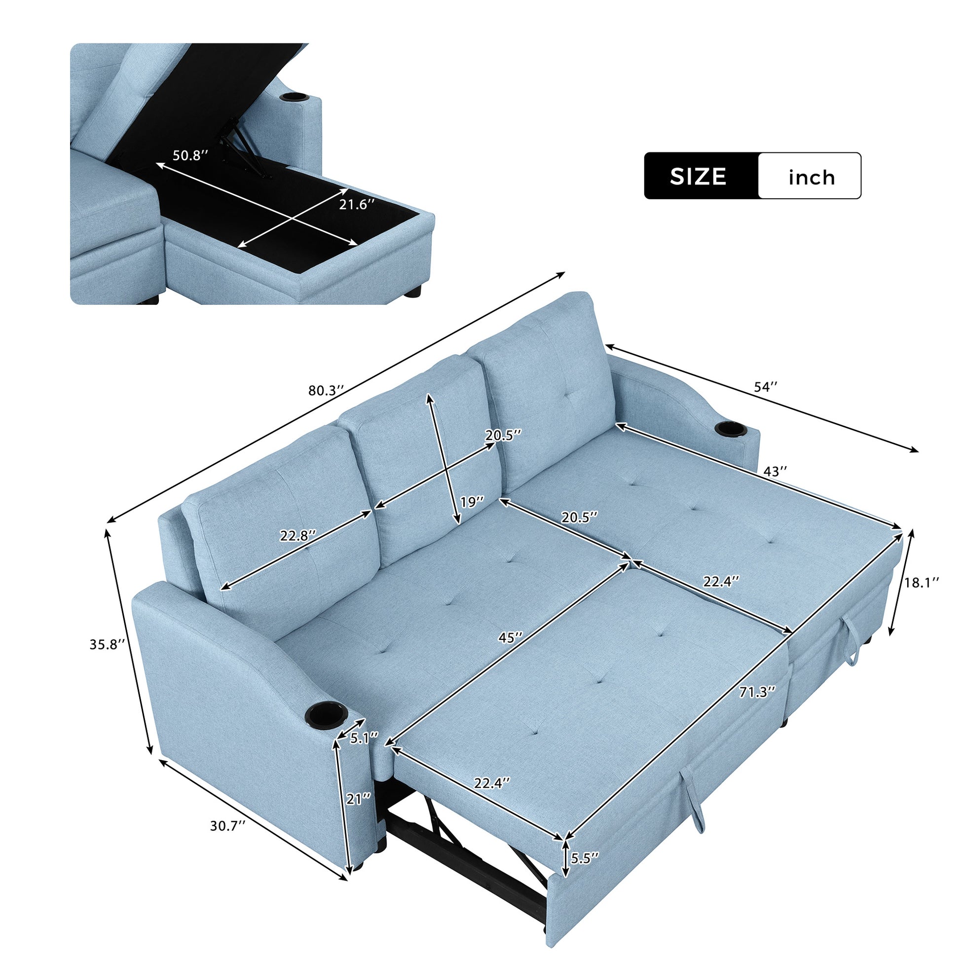 80.3" Orisfur. Pull Out Sofa Bed Modern Padded Upholstered Sofa Bedlinen Fabric 3 Seater Couch With Storage Chaise And Cup Holdersmall Couch For Small Spaces Blue Foam Linen