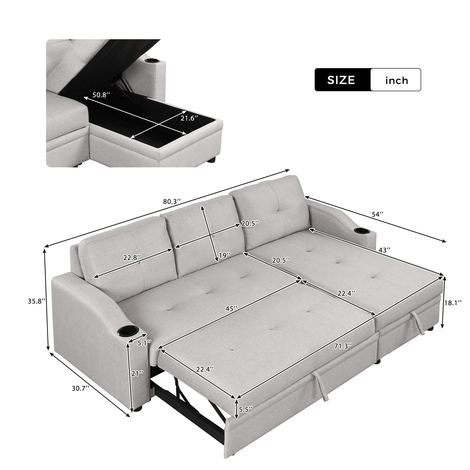 80.3" Orisfur. Pull Out Sofa Bed Modern Padded Upholstered Sofa Bedlinen Fabric 3 Seater Couch With Storage Chaise And Cup Holdersmall Couch For Small Spaces Gray Foam Linen