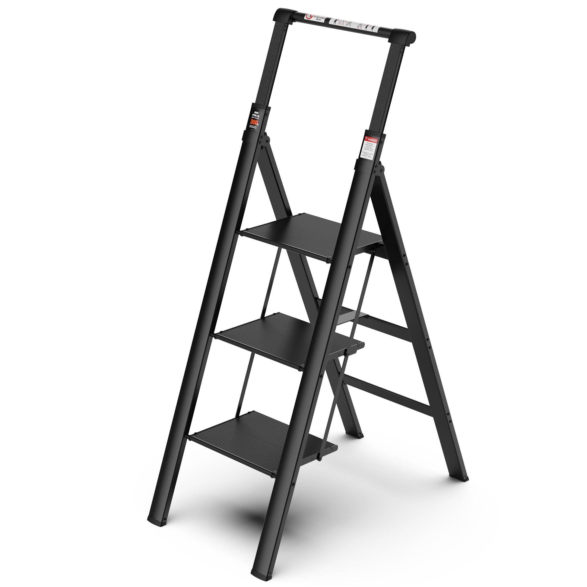 3 Step Ladder, Retractable Handgrip Folding Step Stool black-pc-aluminium