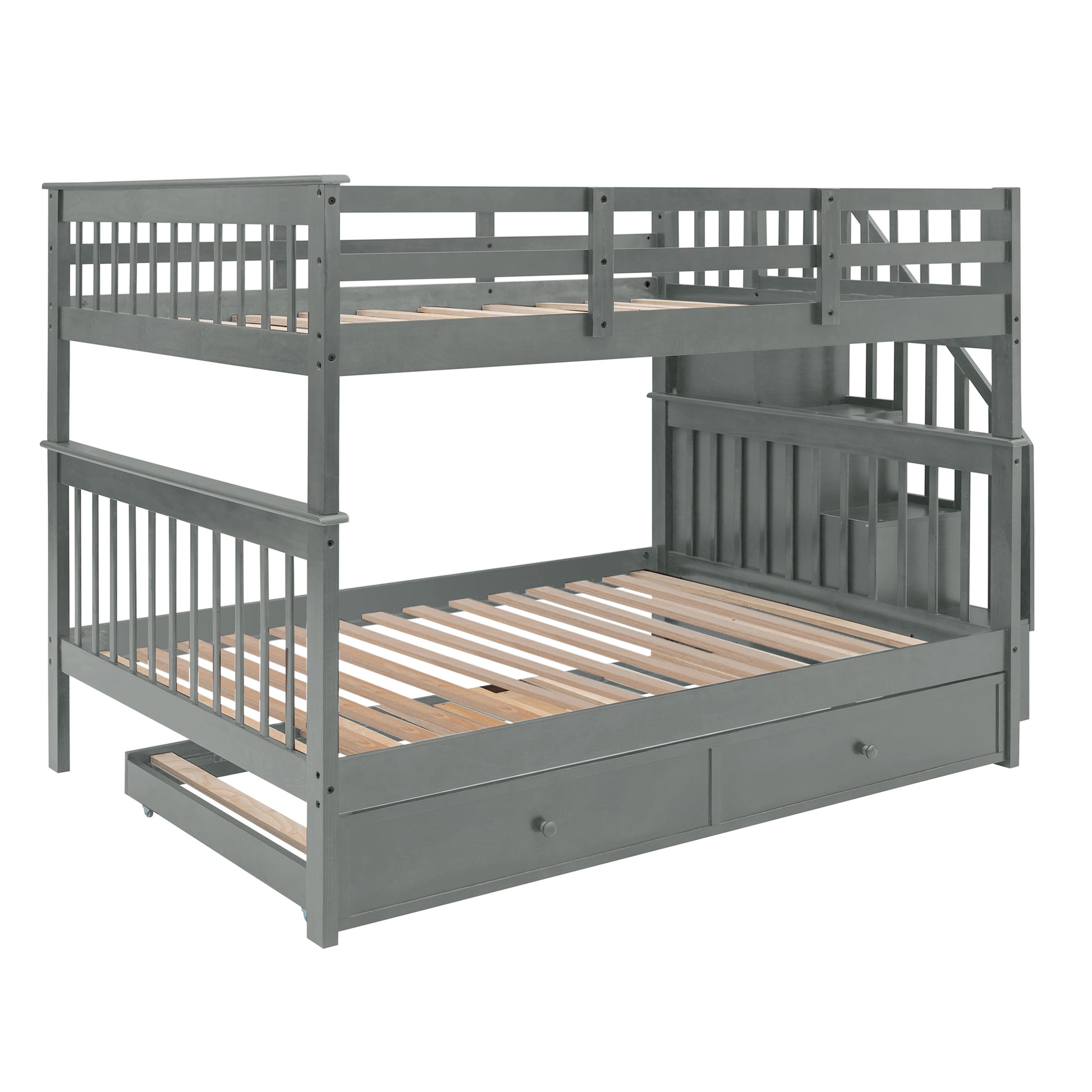 Stairway Full Over Full Bunk Bed With Twin Size Trundle, Storage And Guard Rail For Bedroom, Dorm Gray Old Sku :Lp001210Aae Gray Solid Wood