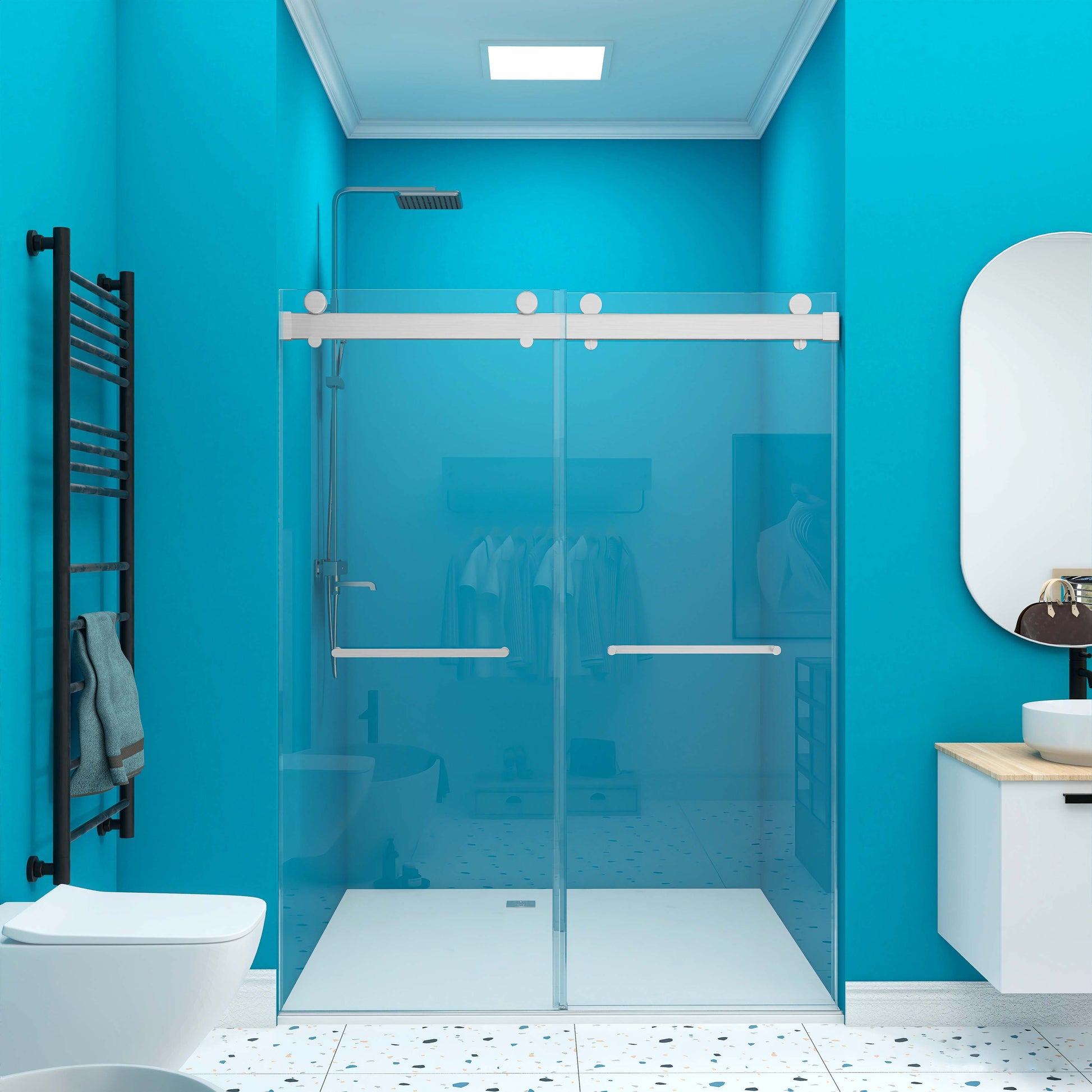 Frameless Double Sliding Shower, 69" 72" Width, 79" Height, 3 8" 10 Mm Clear Tempered Glass,Designed For Smooth Door With Clear Tempered Glass And Stainless Steel Hardware Brushed Nickel Brushed Nickel Glass