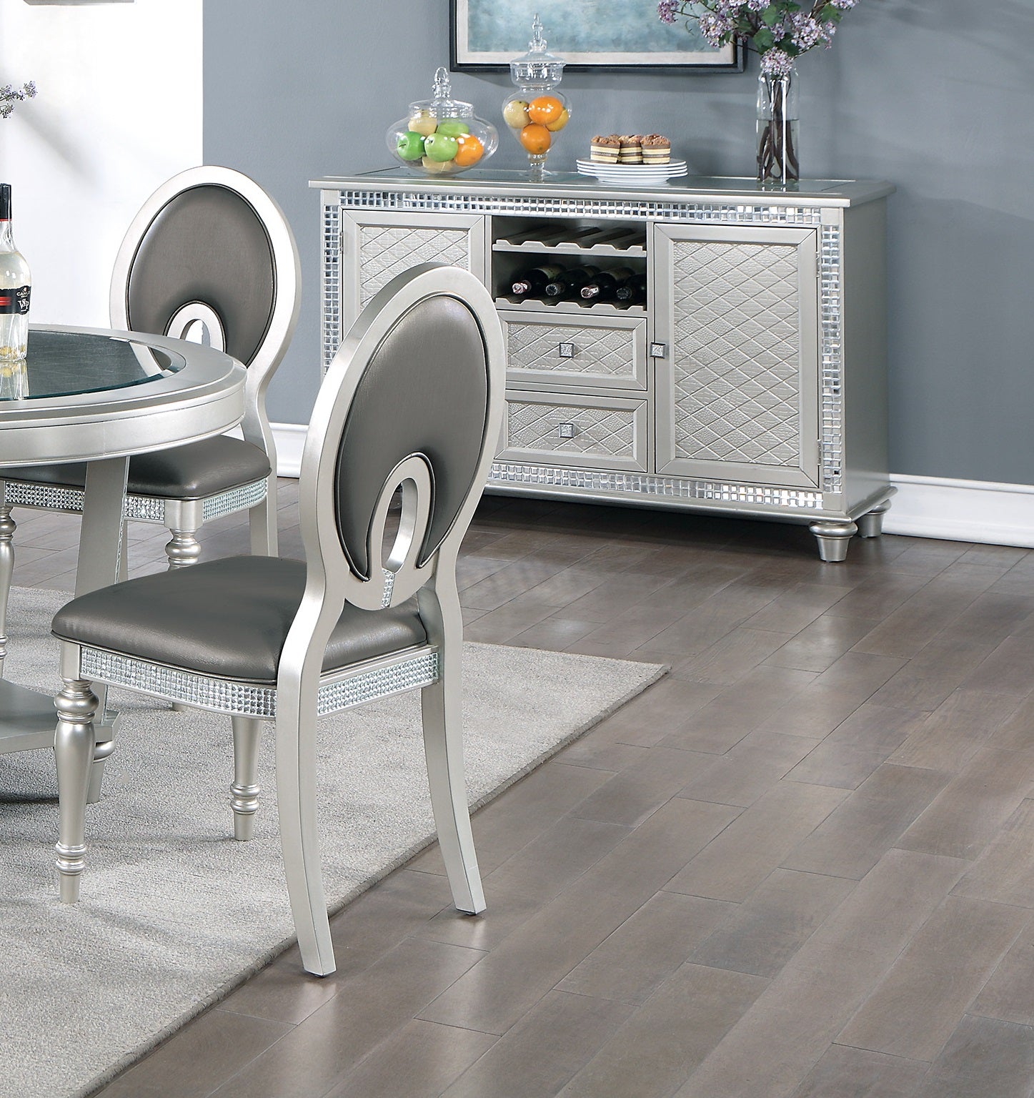 Formal Traditional Dining Room Furniture Chairs Set Of 2 Chairs Dark Gray Hue Accent Silver Side Chair Cutout Back Chair Cushion Seat Silver Dining Room Classic,Traditional Solid Wood