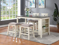 Modern Contemporary 5Pc Counter Height High Dining Table W Storage Shelves High Chairs And Stools Wooden Kitchen Breakfast Table Dining Room Furniture Off White Dining Room Classic,Contemporary Rubberwood Kitchen & Dining Tables Solid Wood