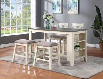 Modern Contemporary 5Pc Counter Height High Dining Table W Storage Shelves High Chairs And Stools Wooden Kitchen Breakfast Table Dining Room Furniture Off White Dining Room Classic,Contemporary Rubberwood Kitchen & Dining Tables Solid Wood