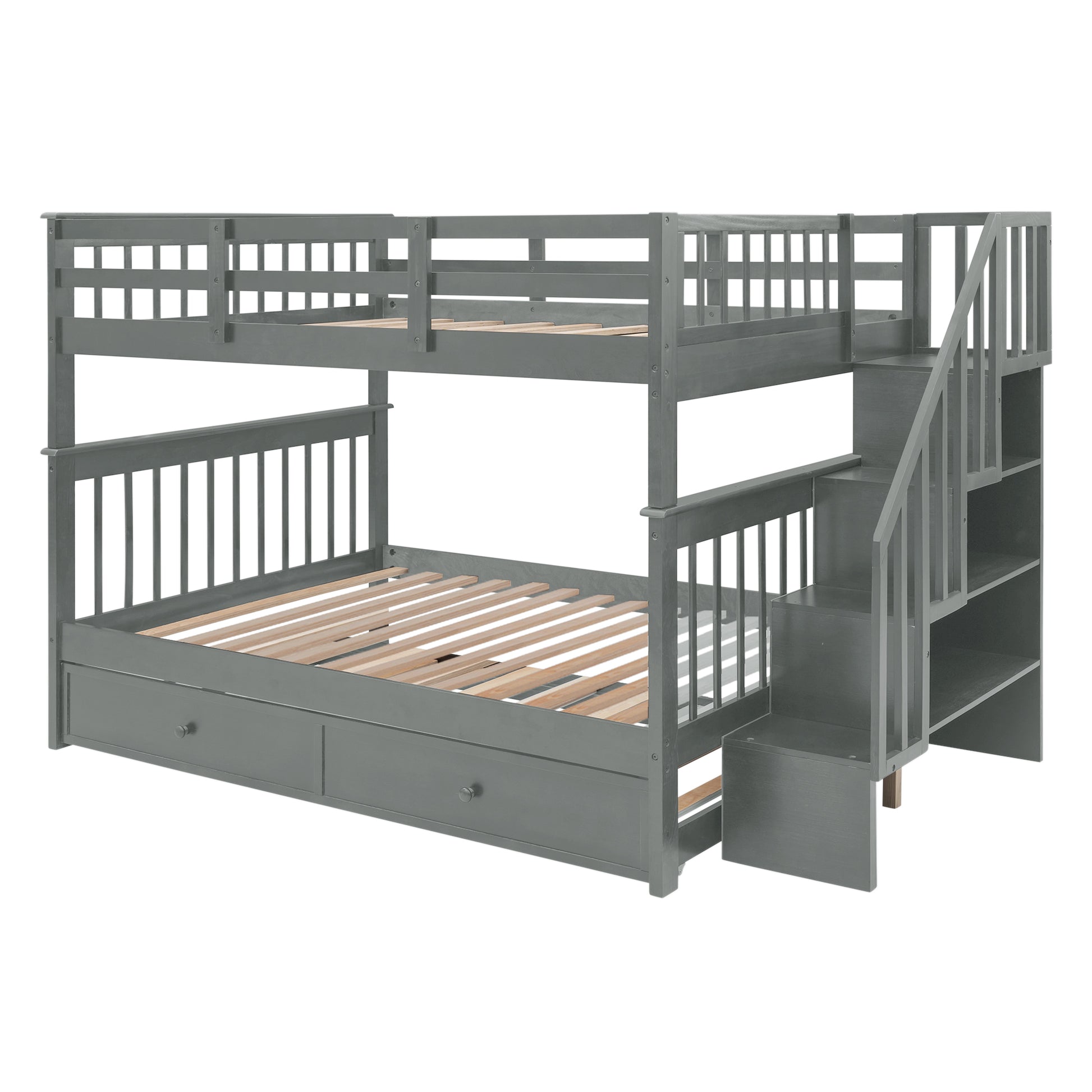 Stairway Full Over Full Bunk Bed With Twin Size Trundle, Storage And Guard Rail For Bedroom, Dorm Gray Old Sku :Lp001210Aae Gray Solid Wood