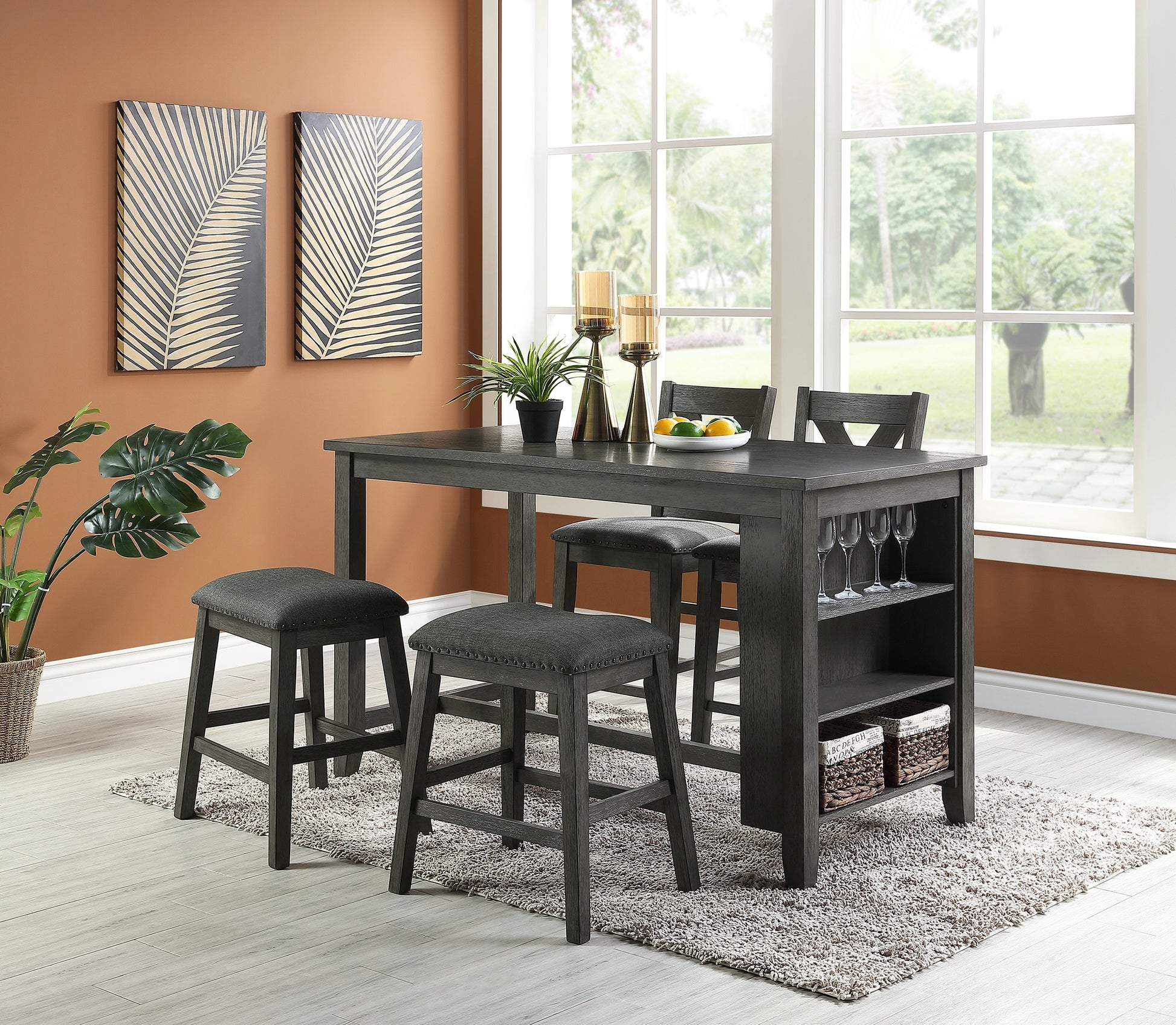 Modern Gray Finish 5Pc Counter Height High Dining Table W Storage Shelves High Chairs And Stools Wooden Kitchen Breakfast Table Dining Room Furniture Gray Wash Dining Room Classic,Contemporary Kitchen & Dining Tables Solid Wood