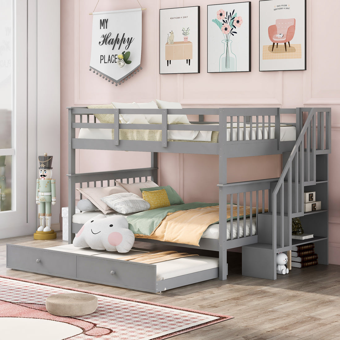 Stairway Full Over Full Bunk Bed With Twin Size Trundle, Storage And Guard Rail For Bedroom, Dorm Gray Old Sku :Lp001210Aae Gray Solid Wood