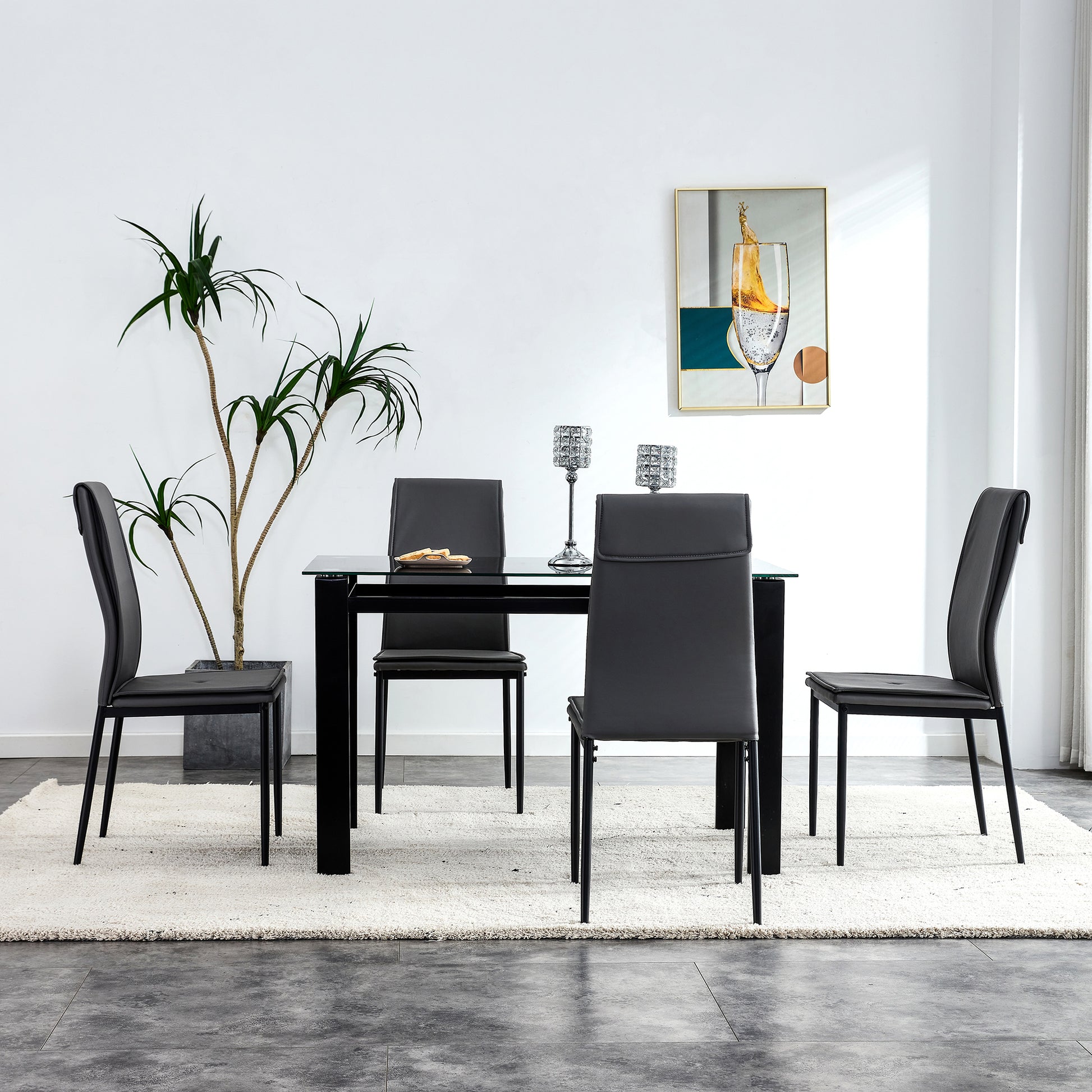 Dining Chairs Set Of 4, Black Modern Kitchen Chair With Metal Leg Black Leather