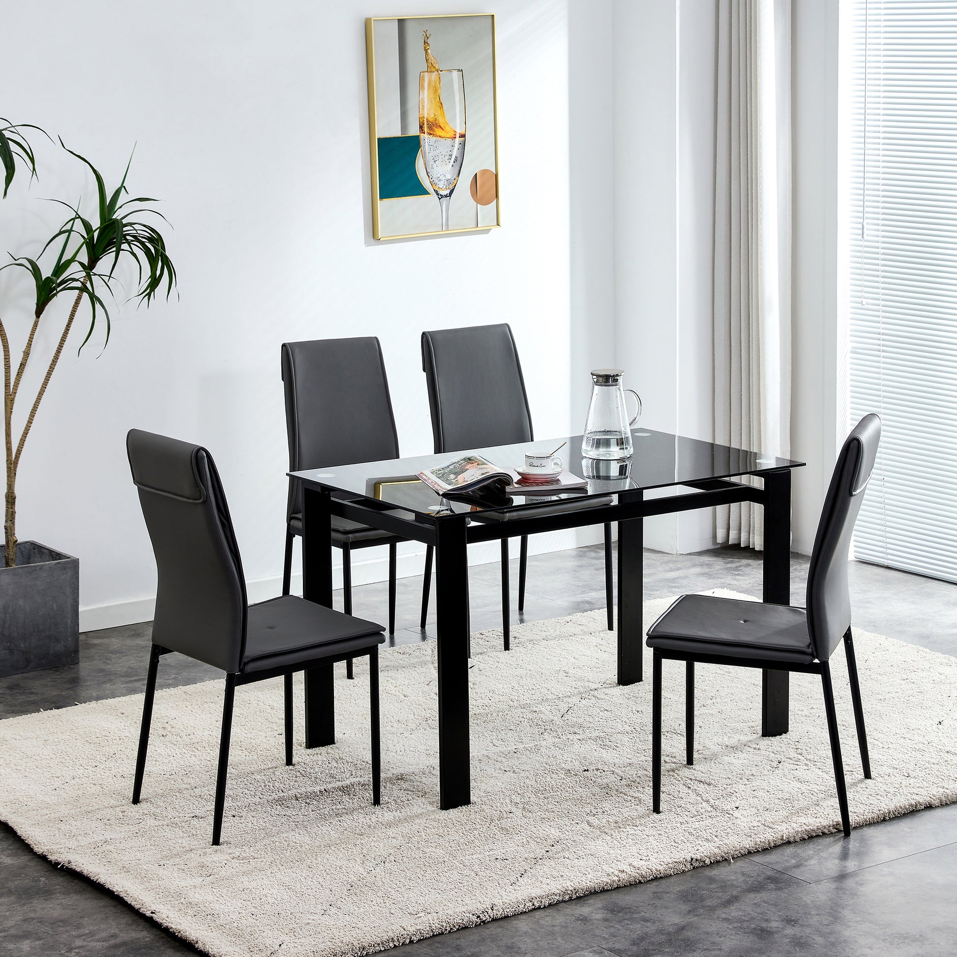 Dining Chairs Set Of 4, Black Modern Kitchen Chair With Metal Leg Black Leather