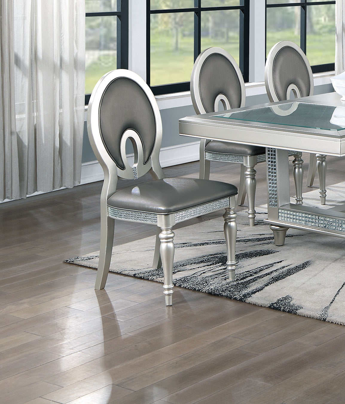 Formal Traditional Dining Room Furniture Chairs Set Of 2 Chairs Dark Gray Hue Accent Silver Side Chair Cutout Back Chair Cushion Seat Silver Dining Room Classic,Traditional Solid Wood