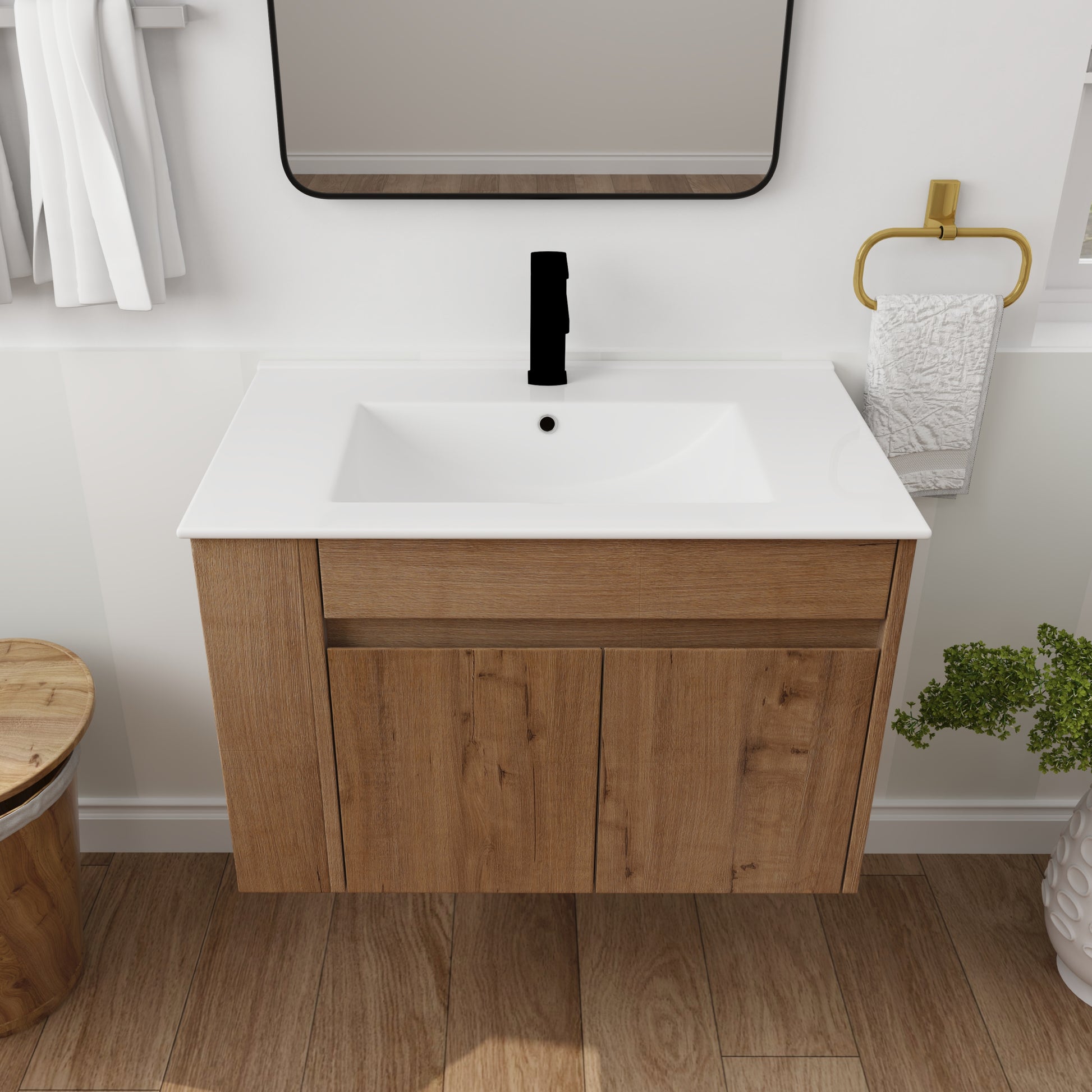 30 Inch Bathroom Vanity With White Ceramic Basin And Adjust Open Shelf Kd Packing Imitative Oak Plywood