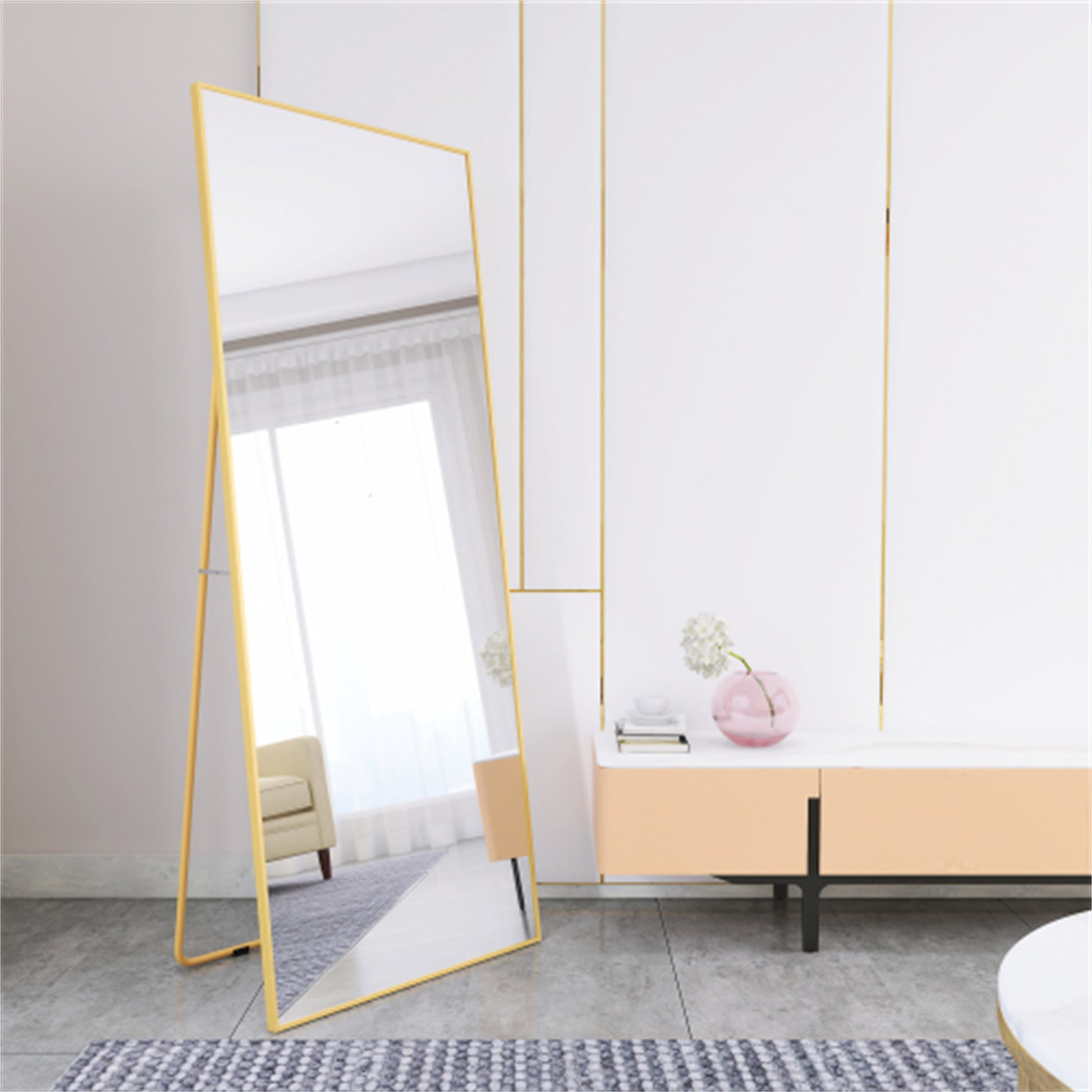 Wall Mounted Alloy Frame Full Length Mirror, Golden Golden Glass