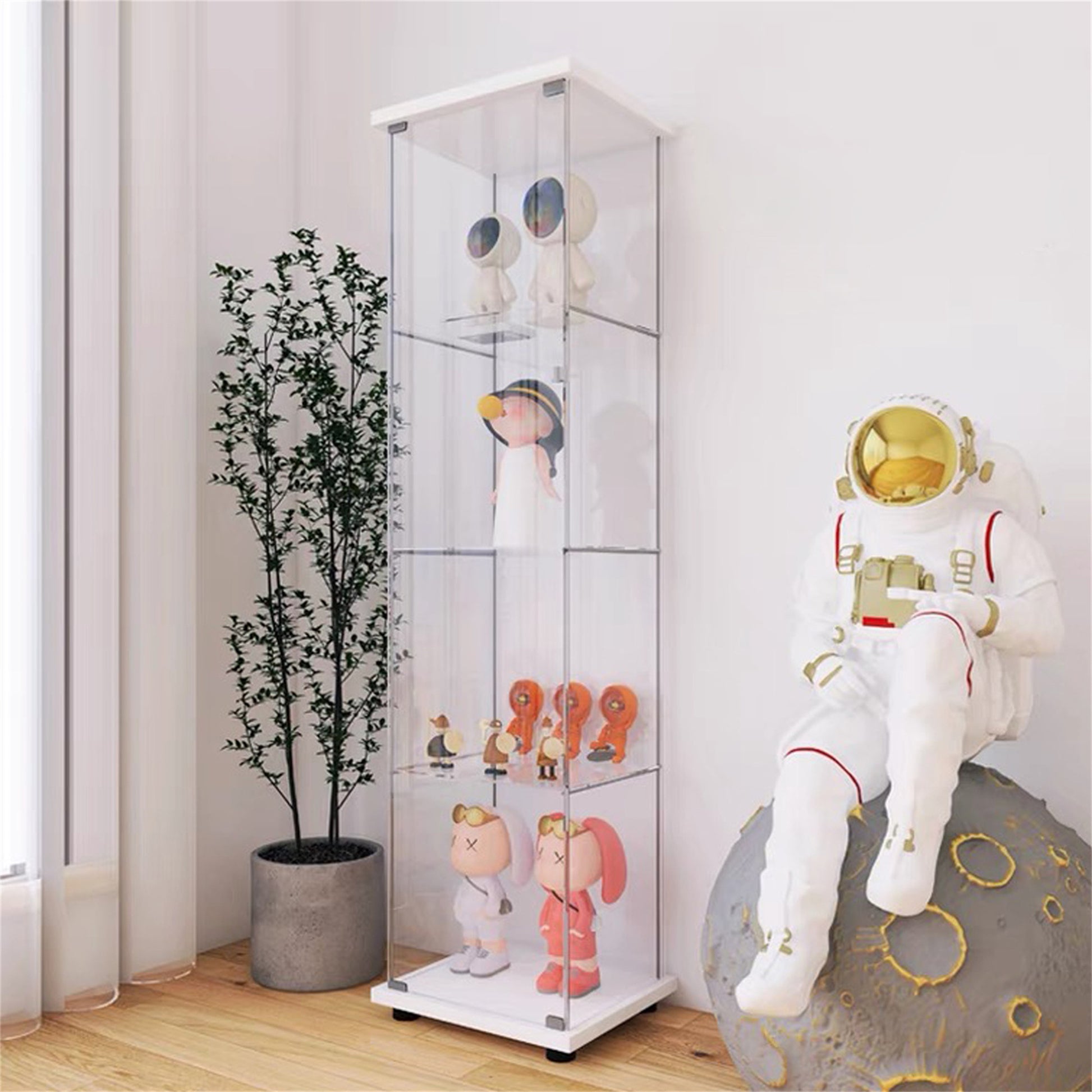 One Door Glass Cabinet Glass Display Cabinet With 4 Shelves, White White Glass