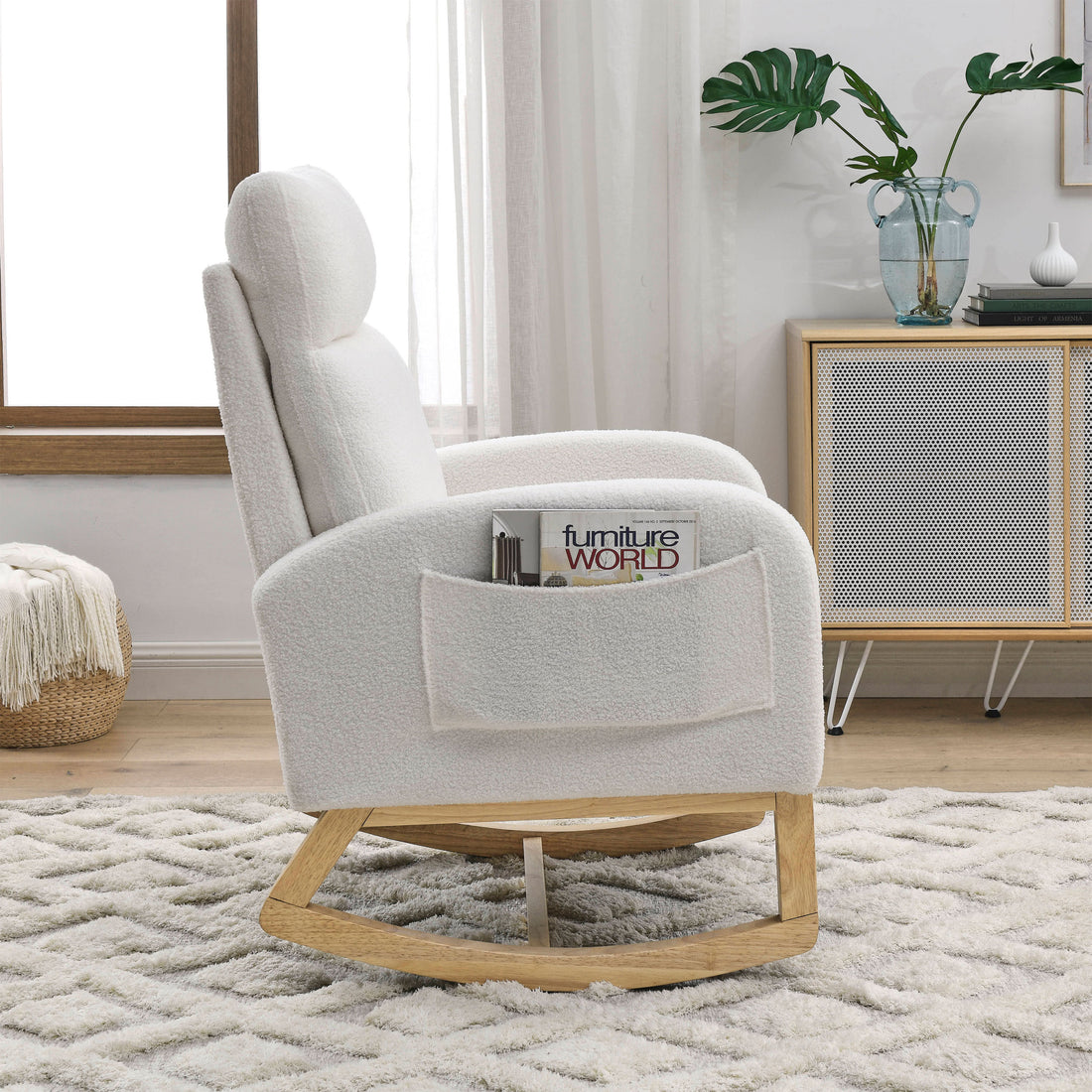 Video Welike 27.6"W Modern Accent High Backrest Living Room Lounge Arm Rocking Chair, Two Side Pocket ,Teddy White Ivory Ivory Foam Fabric