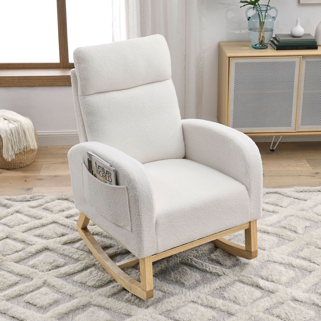 Video Welike 27.6"W Modern Accent High Backrest Living Room Lounge Arm Rocking Chair, Two Side Pocket ,Teddy White Ivory Ivory Foam Fabric