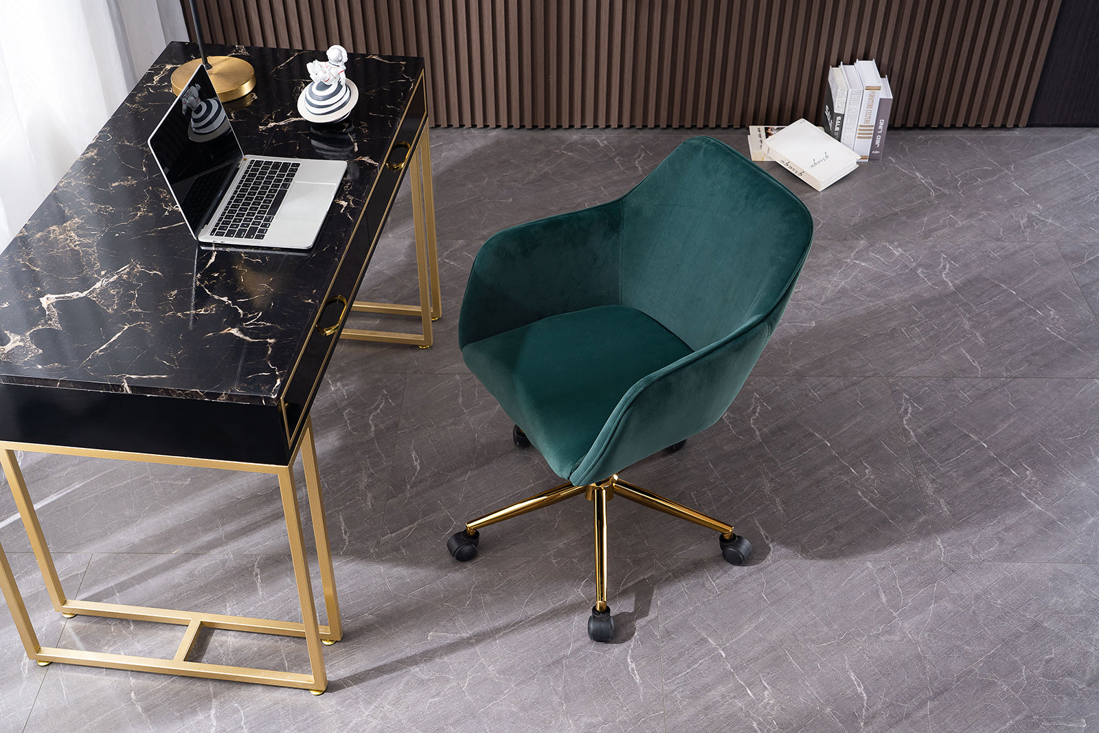 Modern Velvet Fabric Material Adjustable Height 360 Revolving Home Office Chair With Gold Metal Legs And Universal Wheels For Indoor,Dark Green Dark Green Foam Velvet