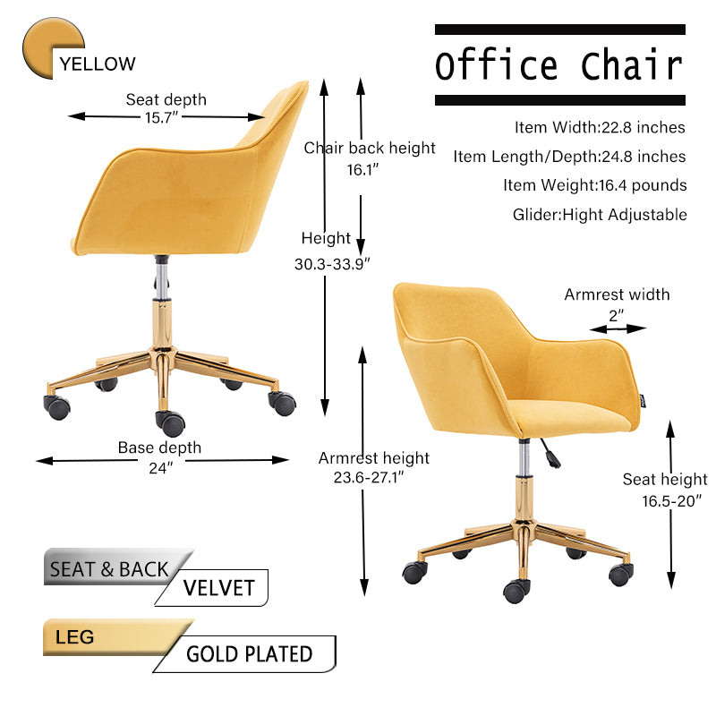 Modern Velvet Fabric Material Adjustable Height 360 Revolving Home Office Chair With Gold Metal Legs And Universal Wheels For Indoor,Yellow Yellow Foam Velvet