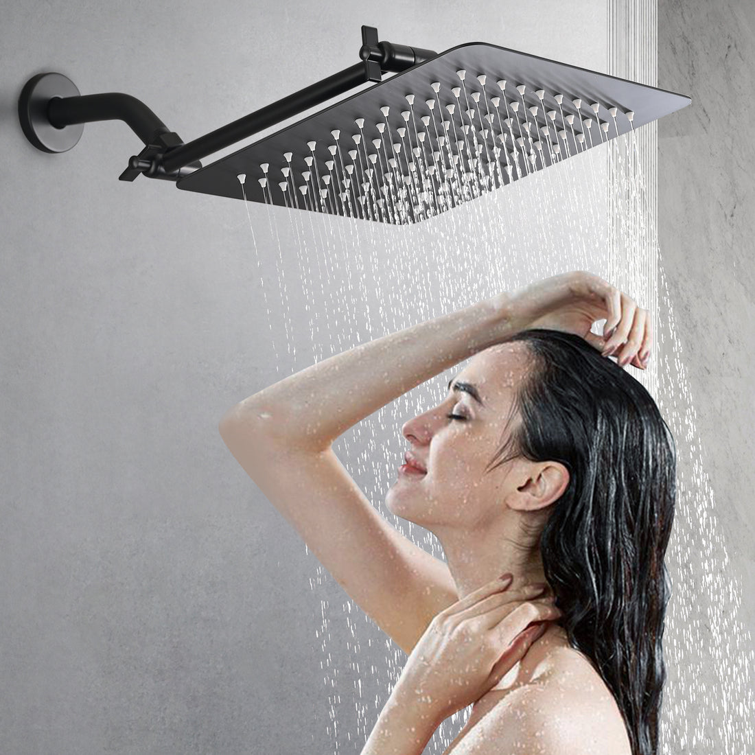 12 Inch Rain Shower Head, 10" Square Rainfall & High Pressure Stainless Steel Bath Showerhead, Waterfall Full Body Coverage With Silicone Nozzle Matte Black Metal