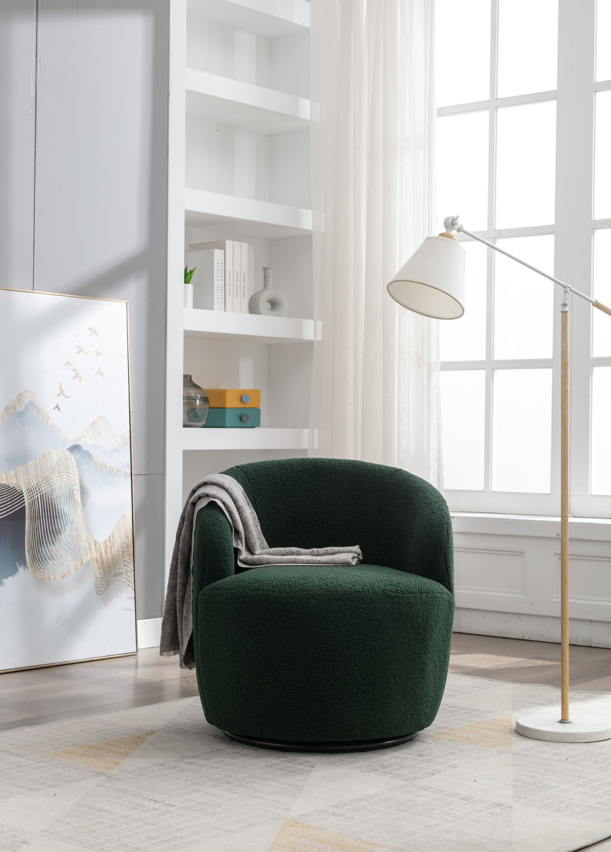 Teddy Fabric Swivel Accent Armchair Barrel Chair With Black Powder Coating Metal Ring,Dark Green Green Foam Upholstered