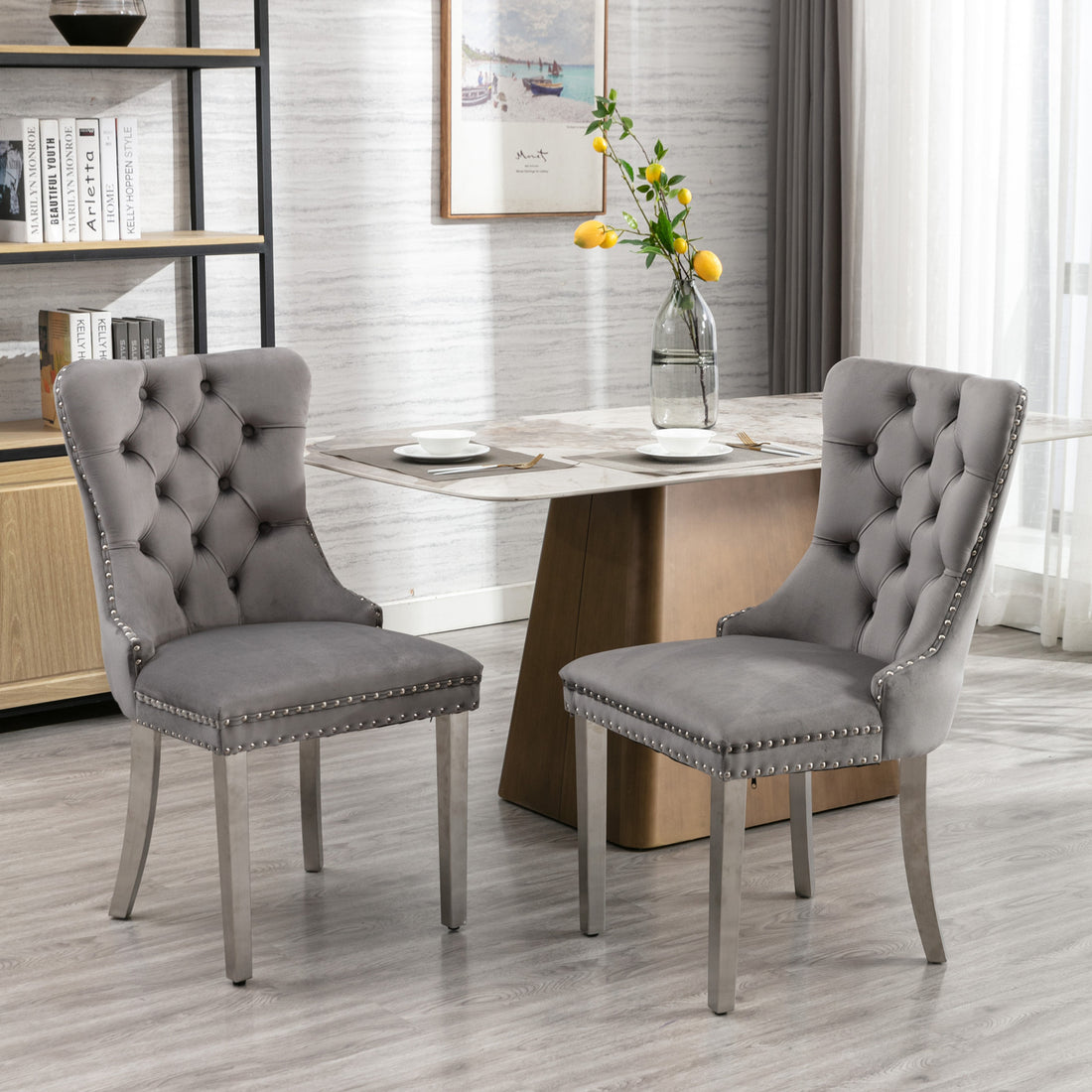 Nikki Collection Modern, High End Tufted Solid Wood Contemporary Velvet Upholstered Dining Chair With Chrome Stainless Steel Plating Legs,Nailhead Trim,Set Of 2,Gray And Chrome, Sw1701Gy Rubberwood Gray Dining Room American Design Rubberwood Wing Back