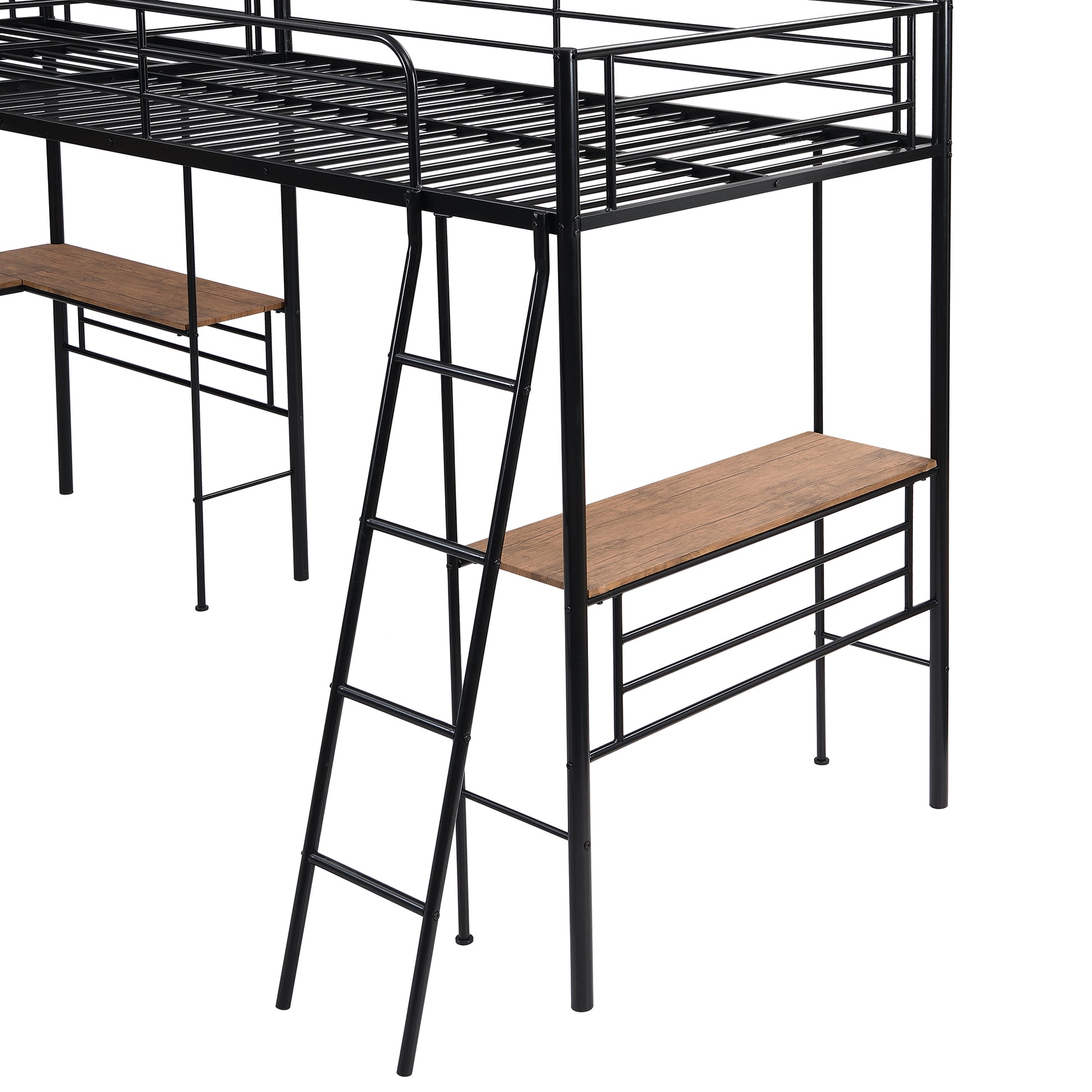 Twin Size Metal Loft Bed With Two Built In Desks,Black Twin Black Metal