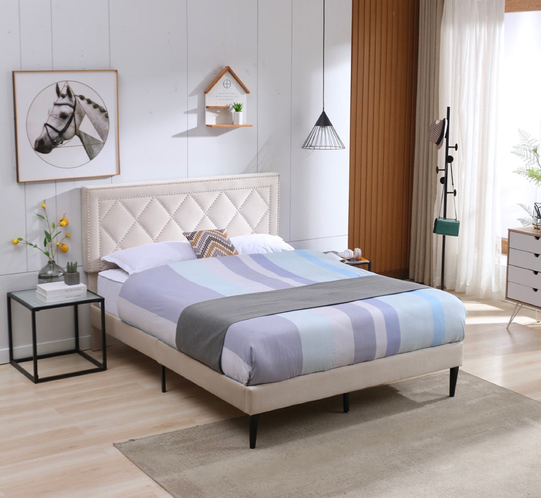 Modern Curved Upholstered Bed, Nailhead Trim