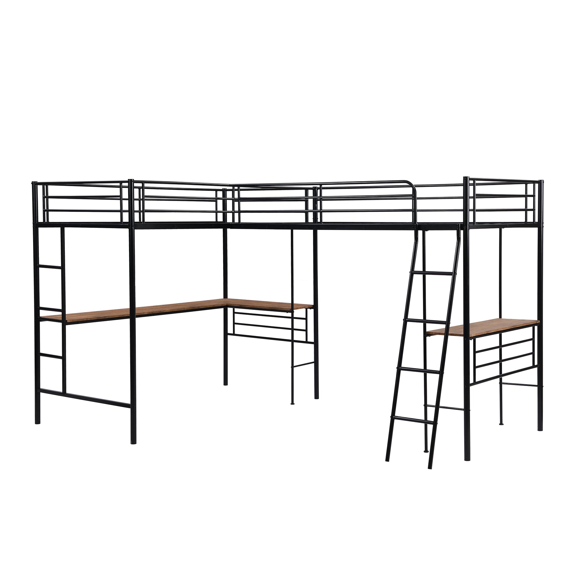 Twin Size Metal Loft Bed With Two Built In Desks,Black Twin Black Metal