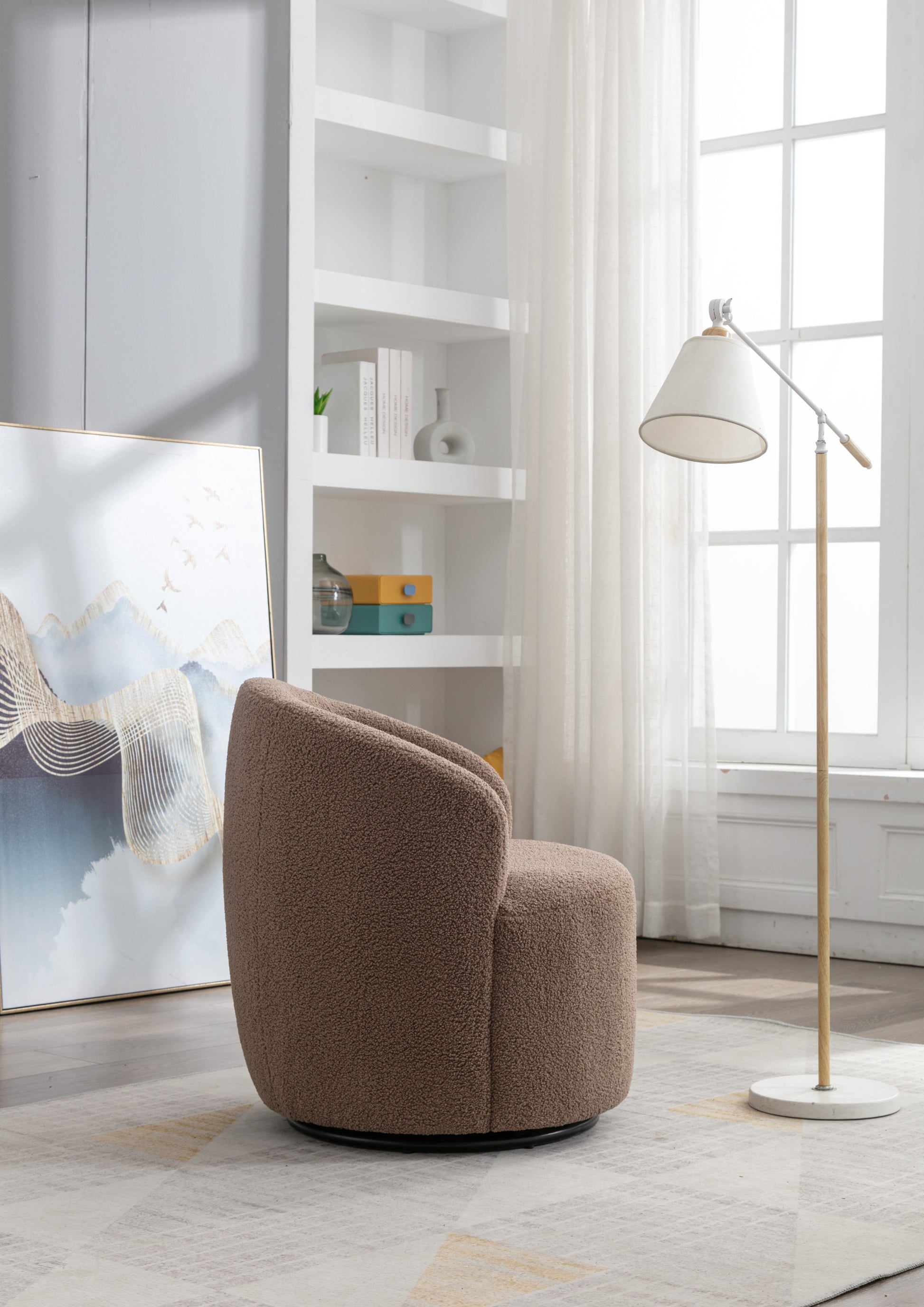 Teddy Fabric Swivel Accent Armchair Barrel Chair With Black Powder Coating Metal Ring,Coffee Brown Coffee Foam Upholstered