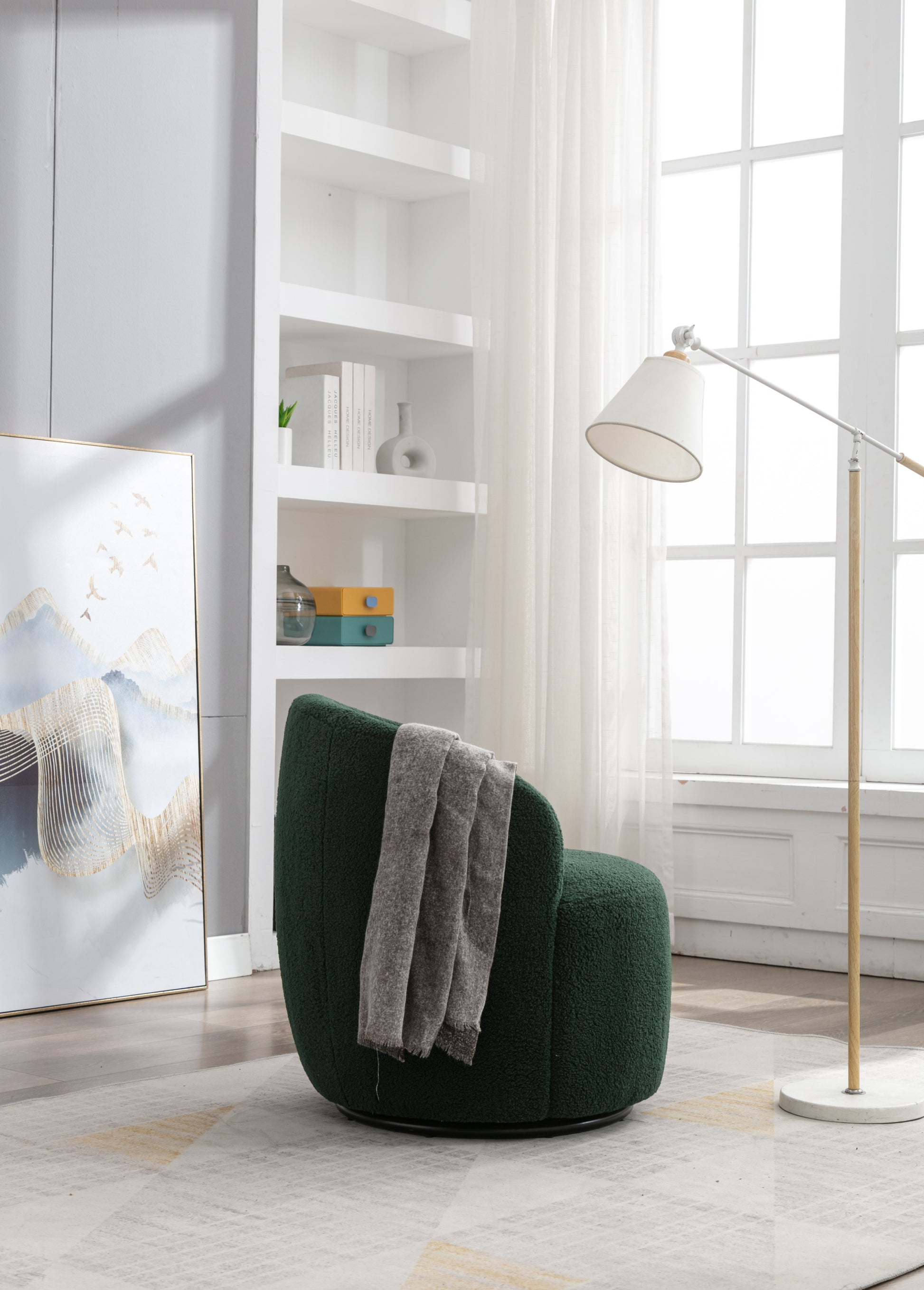 Teddy Fabric Swivel Accent Armchair Barrel Chair With Black Powder Coating Metal Ring,Dark Green Green Foam Upholstered