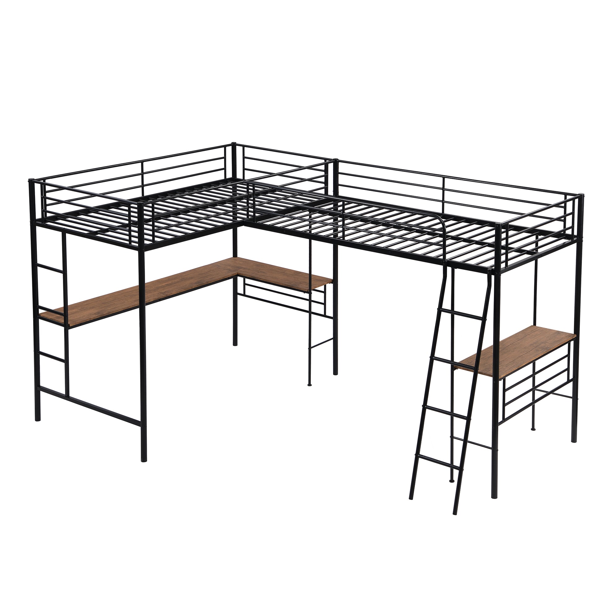 Twin Size Metal Loft Bed With Two Built In Desks,Black Twin Black Metal