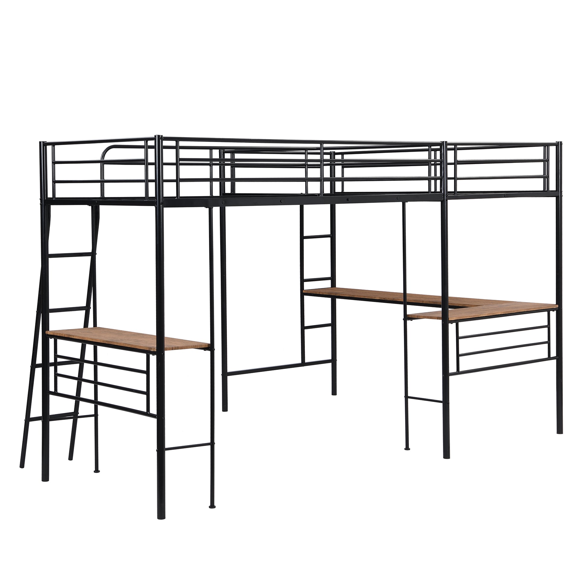 Twin Size Metal Loft Bed With Two Built In Desks,Black Twin Black Metal