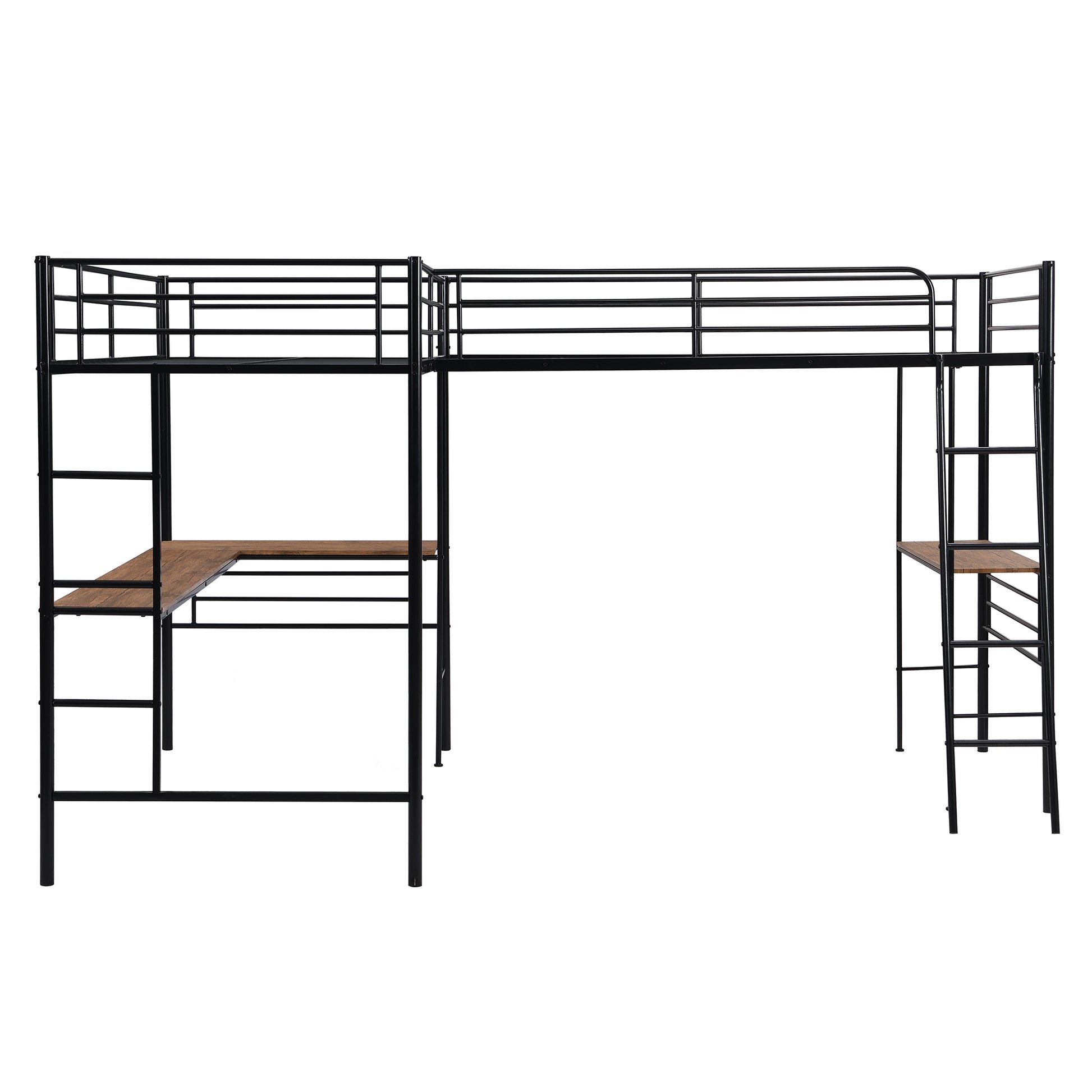 Twin Size Metal Loft Bed With Two Built In Desks,Black Twin Black Metal