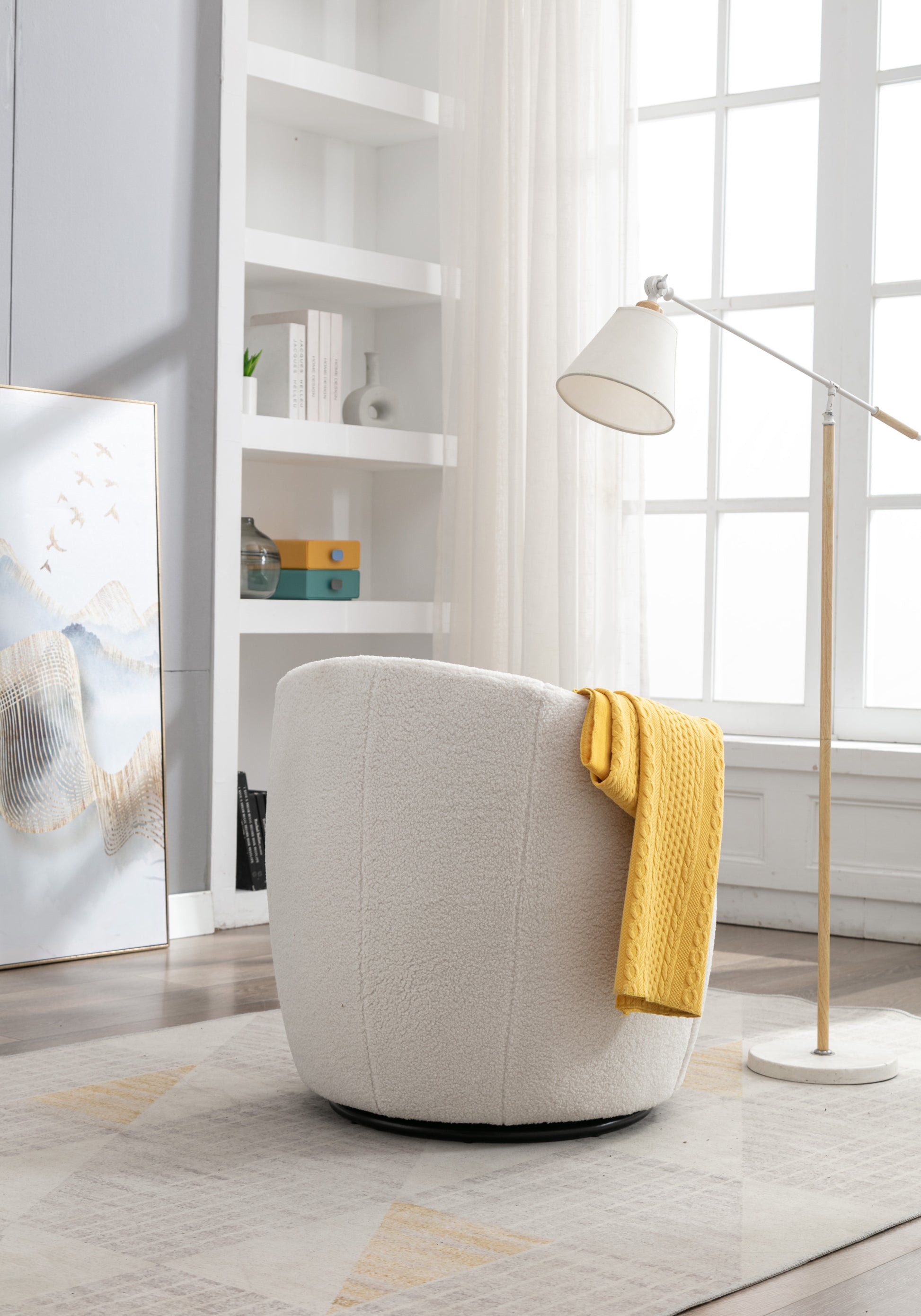 Teddy Fabric Swivel Accent Armchair Barrel Chair With Black Powder Coating Metal Ring,Ivory White Ivory Foam Upholstered