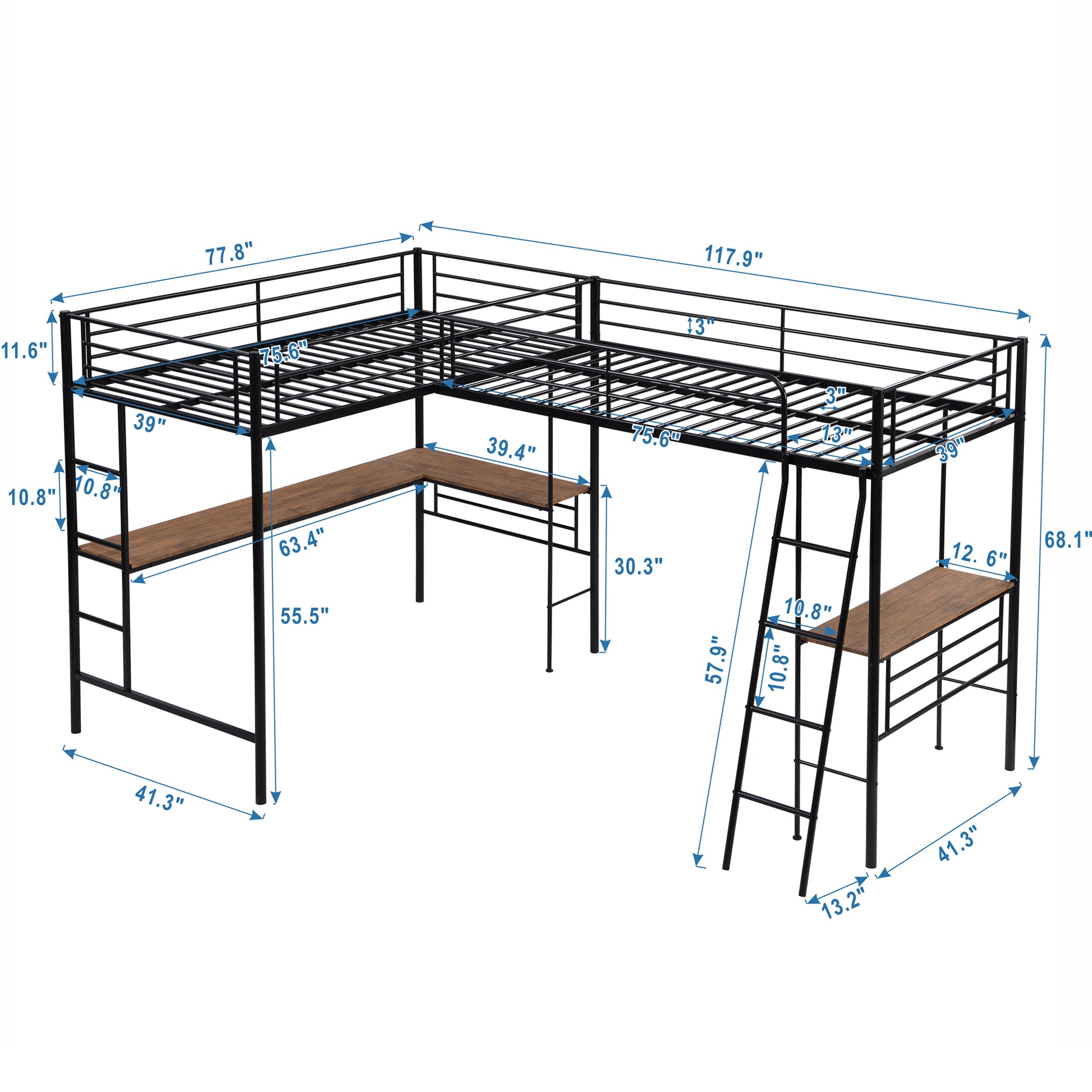 Twin Size Metal Loft Bed With Two Built In Desks,Black Twin Black Metal