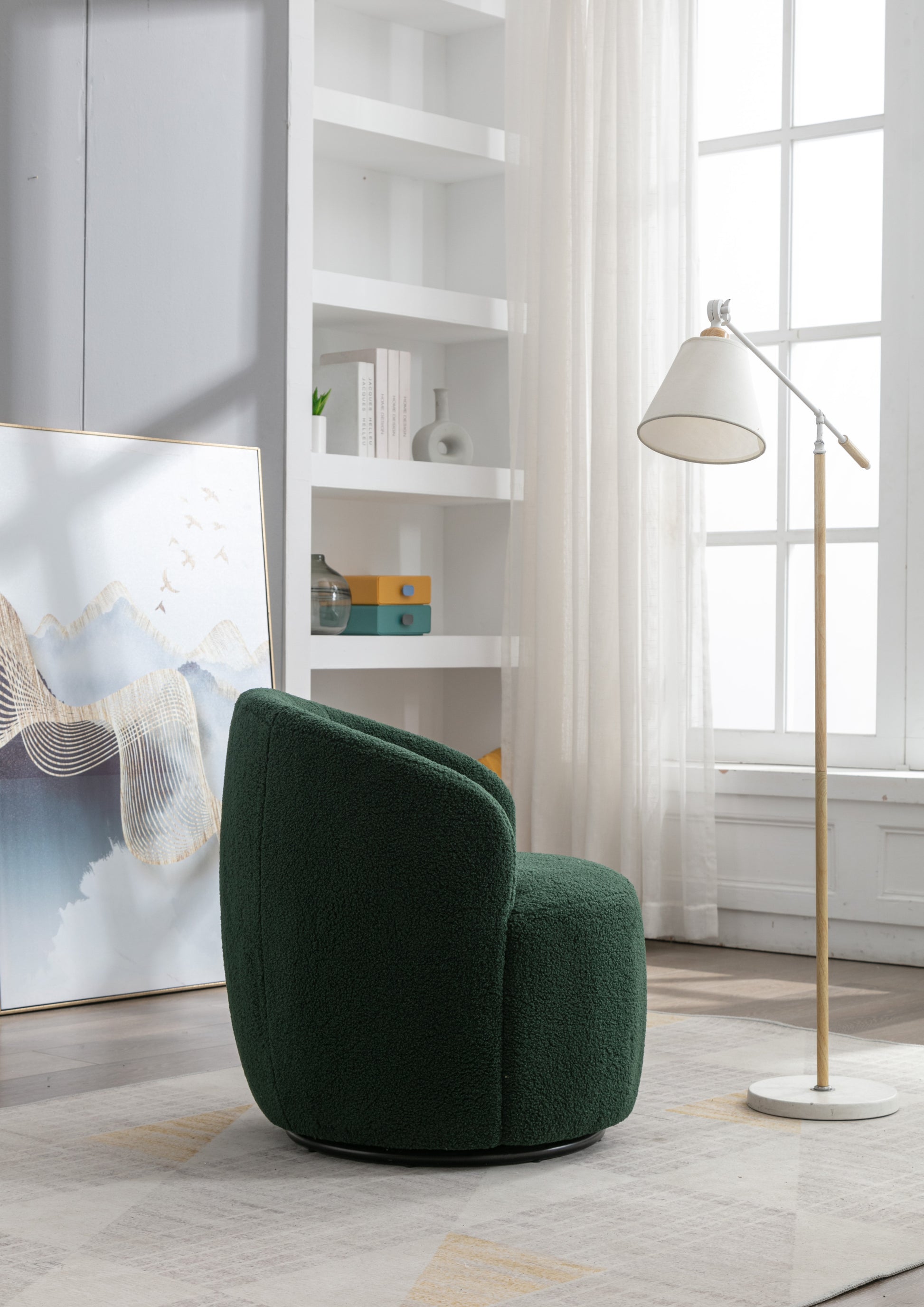 Teddy Fabric Swivel Accent Armchair Barrel Chair With Black Powder Coating Metal Ring,Dark Green Green Foam Upholstered