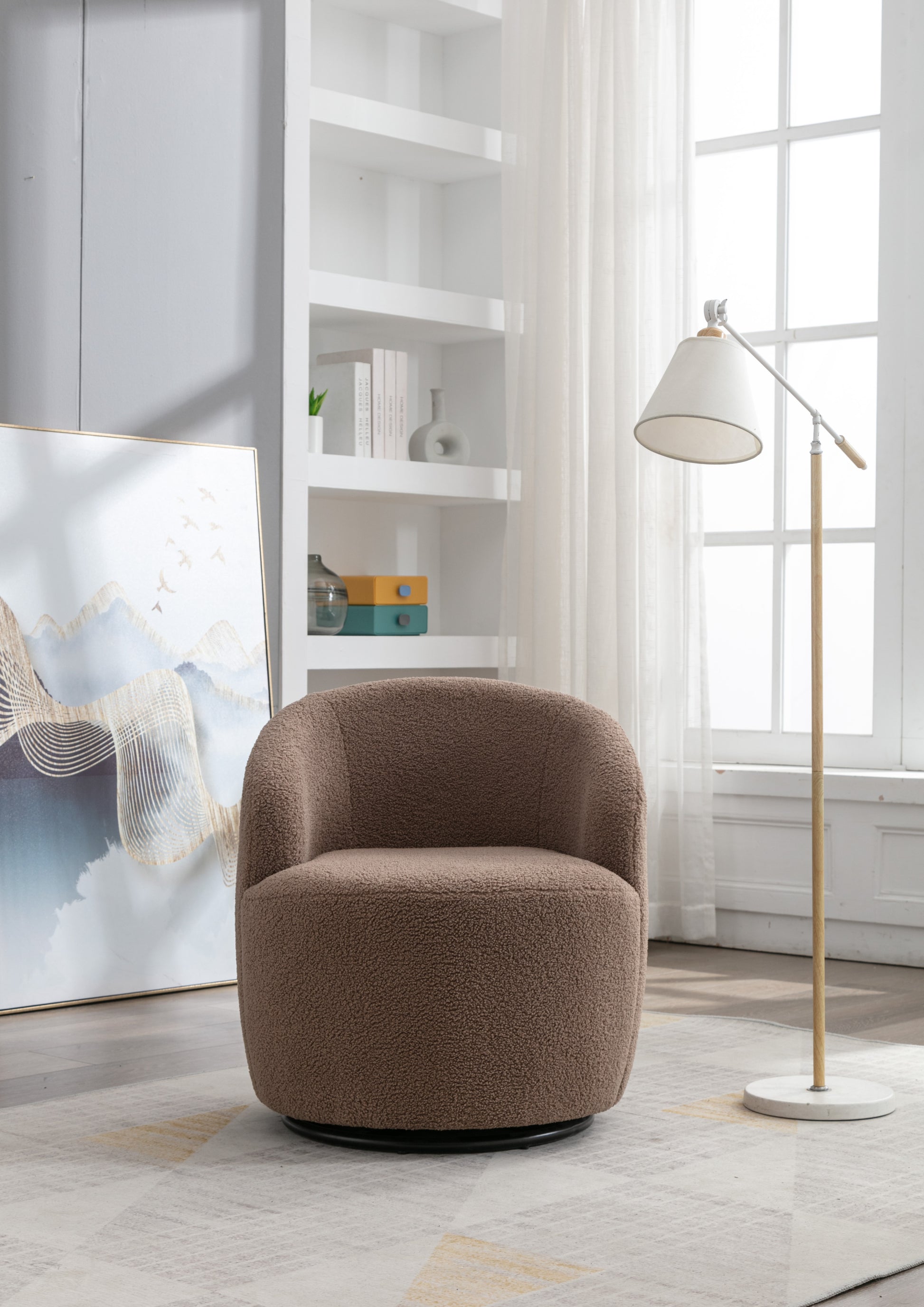 Teddy Fabric Swivel Accent Armchair Barrel Chair With Black Powder Coating Metal Ring,Coffee Brown Coffee Foam Upholstered