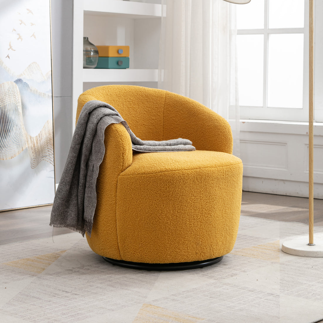 Teddy Fabric Swivel Accent Armchair Barrel Chair With Black Powder Coating Metal Ring,Yellow Yellow Foam Upholstered