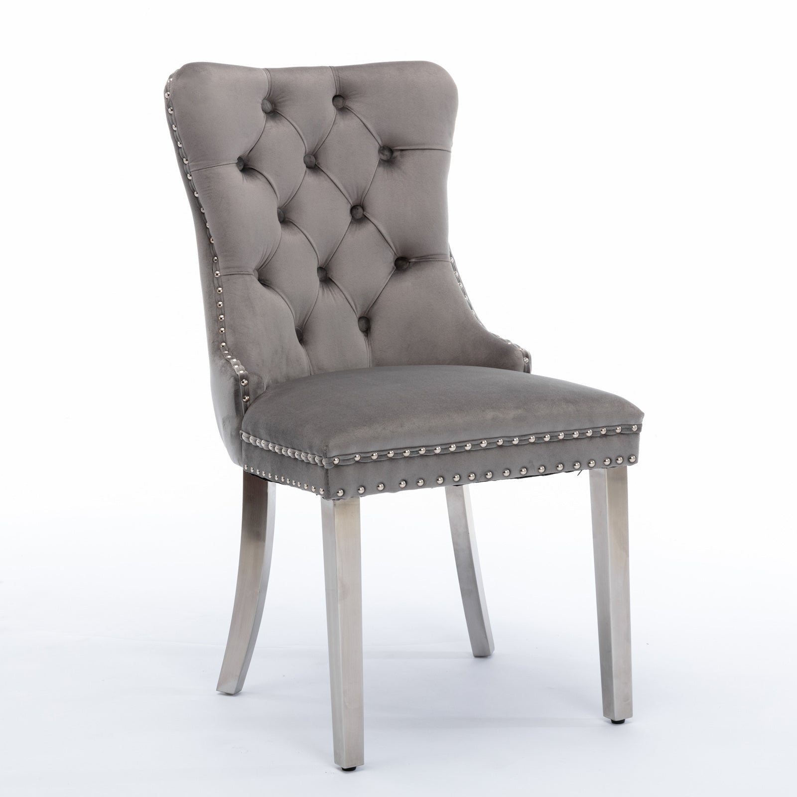 Nikki Collection Modern, High End Tufted Solid Wood Contemporary Velvet Upholstered Dining Chair With Chrome Stainless Steel Plating Legs,Nailhead Trim,Set Of 2,Gray And Chrome, Sw1701Gy Rubberwood Gray Dining Room American Design Rubberwood Wing Back