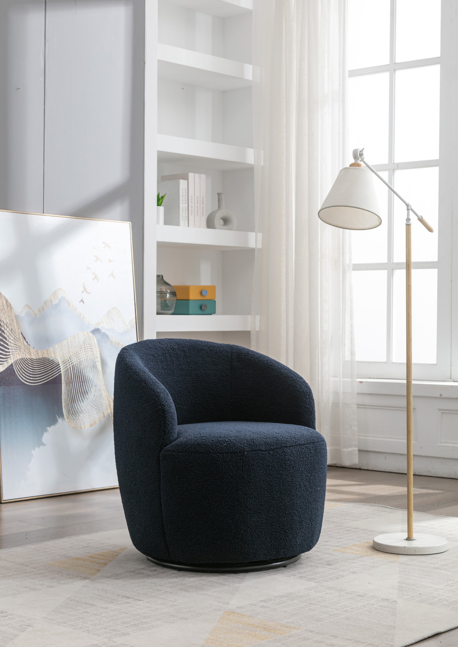 Teddy Fabric Swivel Accent Armchair Barrel Chair With Black Powder Coating Metal Ring,Dark Blue Dark Blue Foam Upholstered