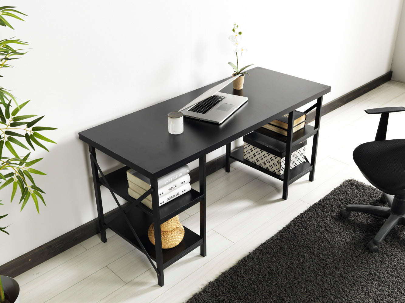 Furnish Home Store Buket Metal Frame 60" Extra Wide Wood Top 4 Shelves Writing And Computer Desk For Home Office, Black Black Solid Wood