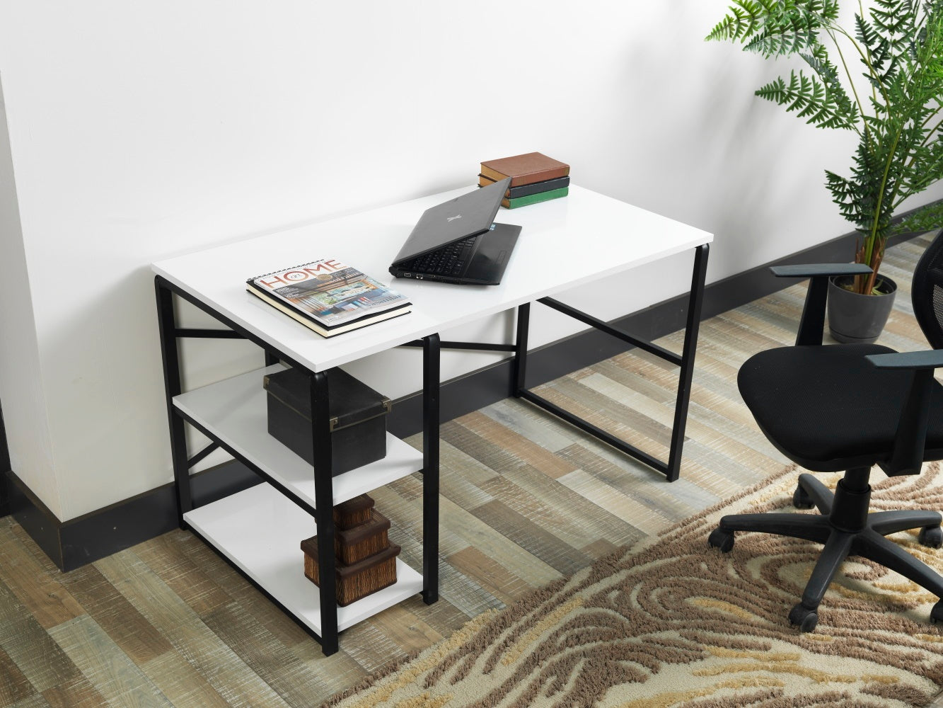 Furnish Home Store Sage Black Metal Frame 47" Wooden Top 2 Shelves Writing And Computer Desk For Home Office, White Black Solid Wood