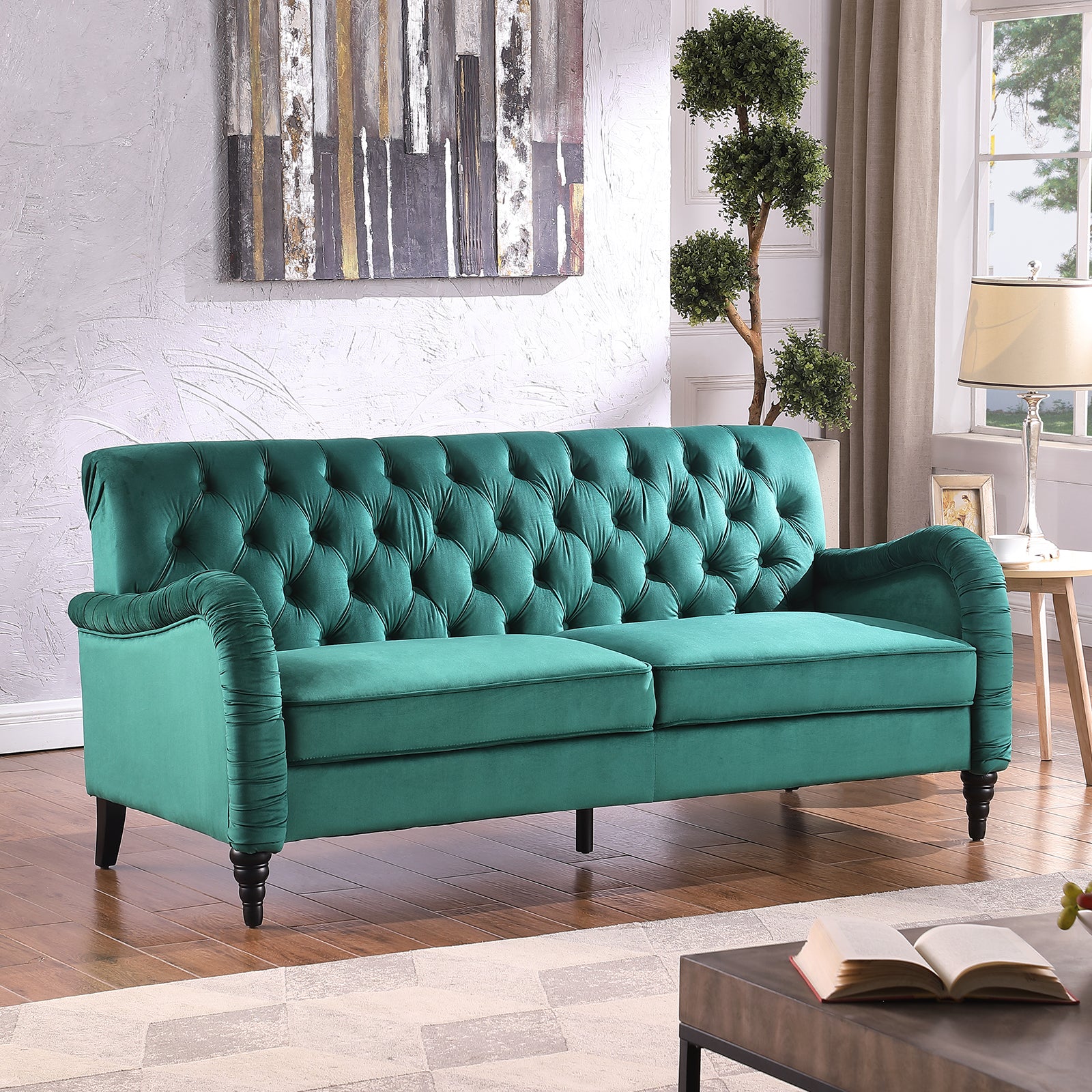 2229,Dark Green Chesterfield 3 Seater ,Modern Sofa Dark Green Velvet