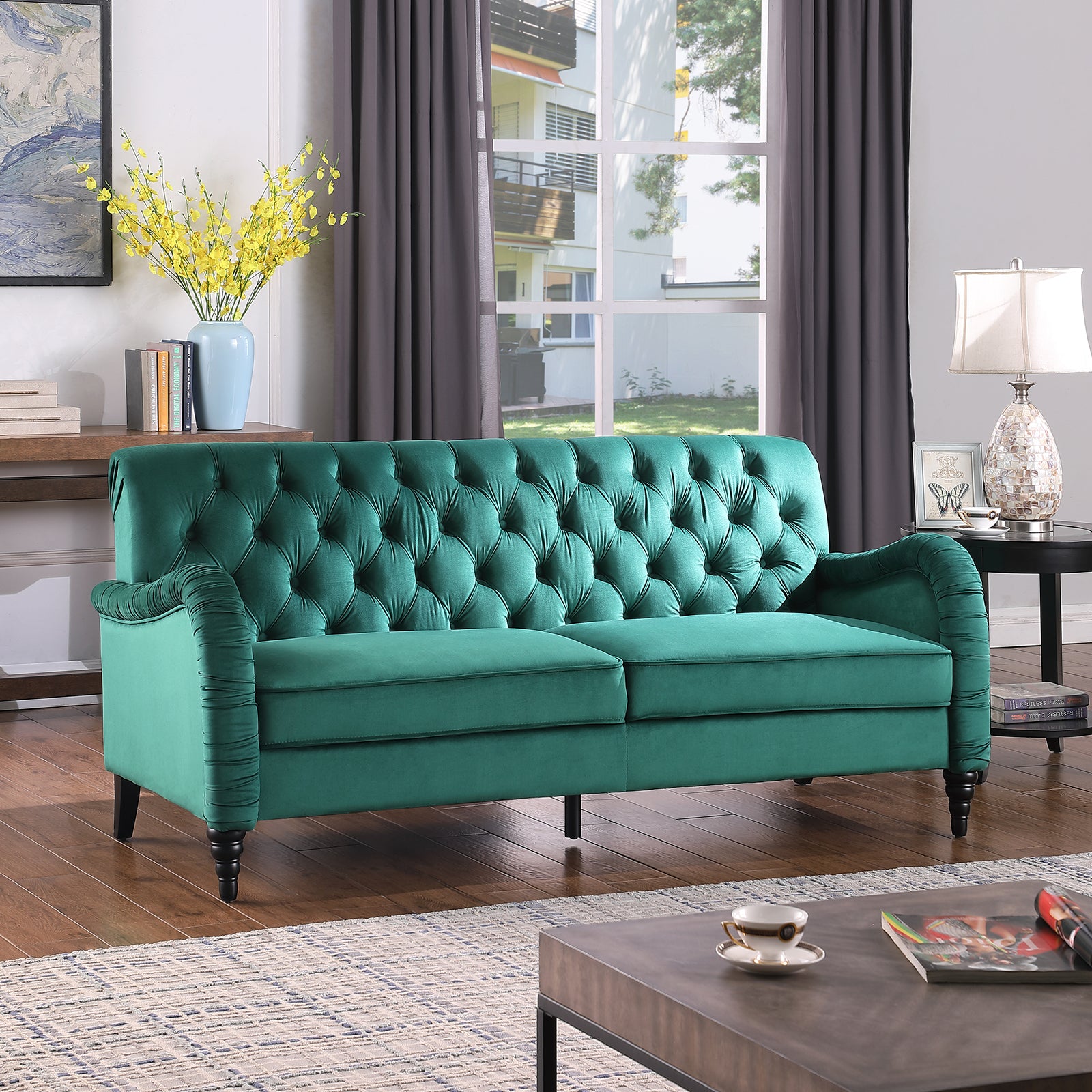 2229,Dark Green Chesterfield 3 Seater ,Modern Sofa Dark Green Velvet