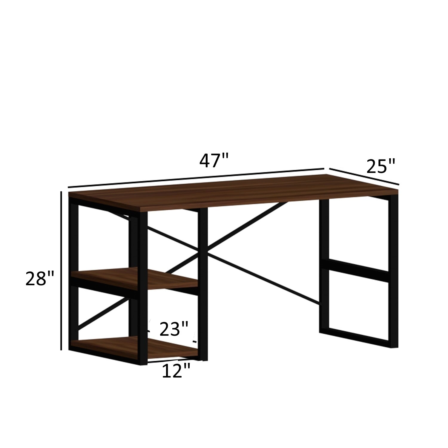 Furnish Home Store Sage Black Metal Frame 47" Wooden Top 2 Shelves Writing And Computer Desk For Home Office, Walnut Black Solid Wood