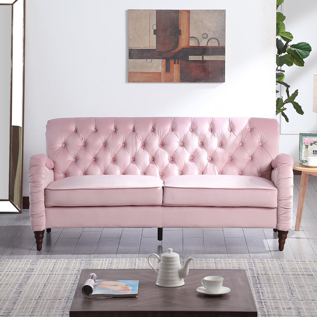 Chesterfield Sofa 3 Seater ,Modern Sofa,Pink Color Pink Velvet