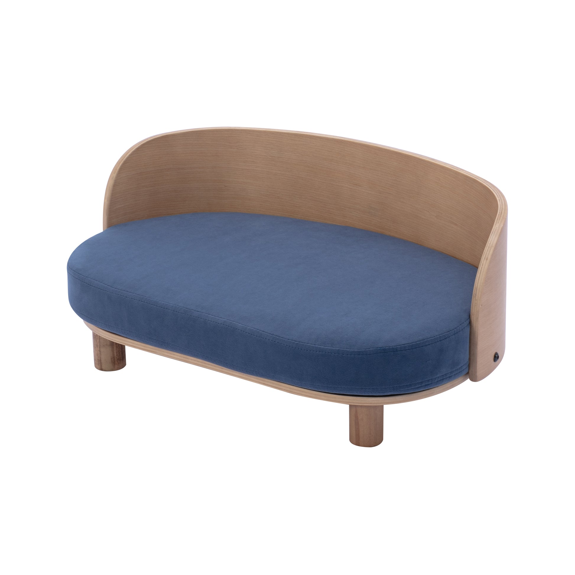 Scandinavian Style Elevated Dog Bed Pet Sofa With Solid Wood Legs And Bent Wood Back, Velvet Cushion, Walnut Dark Blue Foam Solid Wood